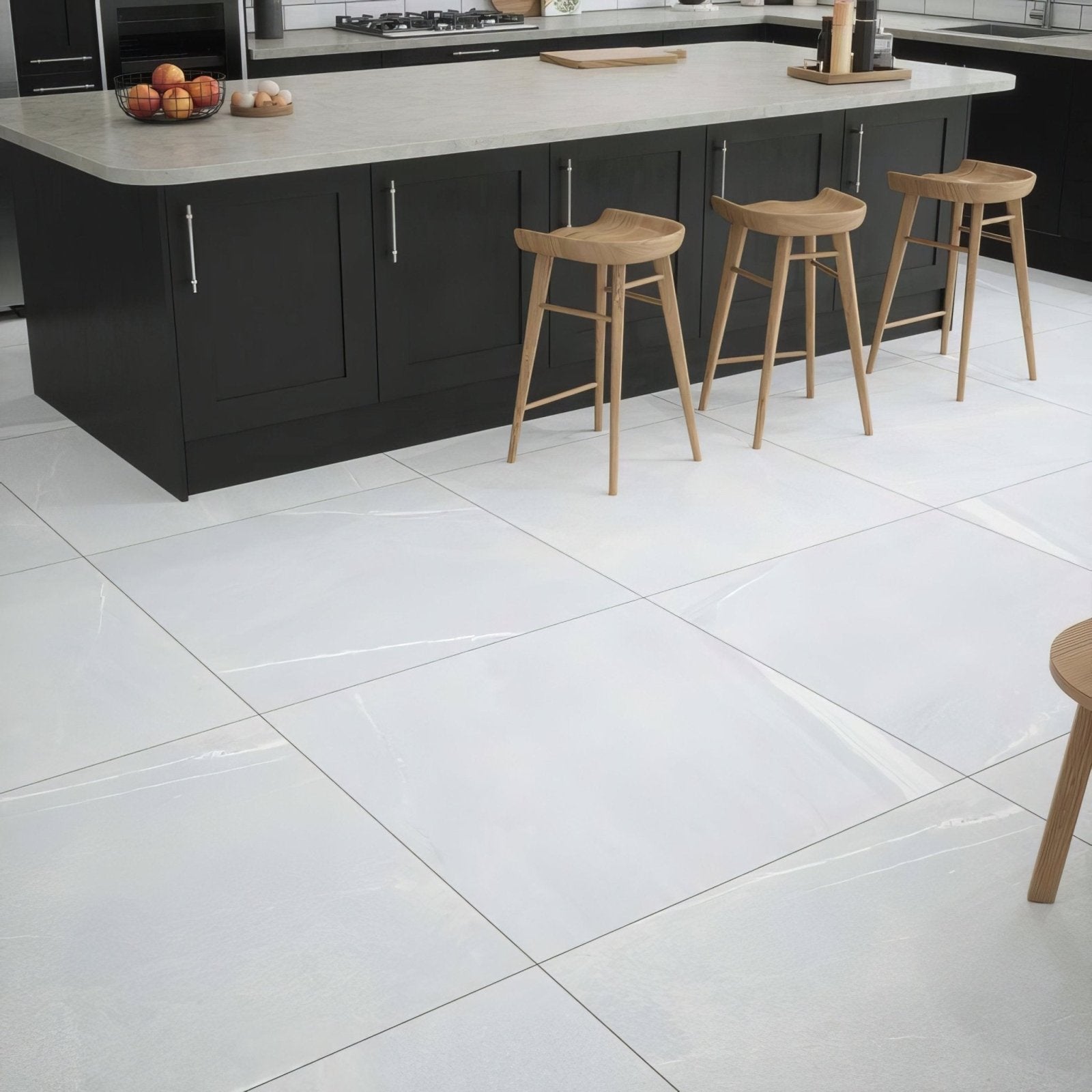 White marble-effect eastford pearl matt porcelain floor tiles with subtle gray veining for kitchen use