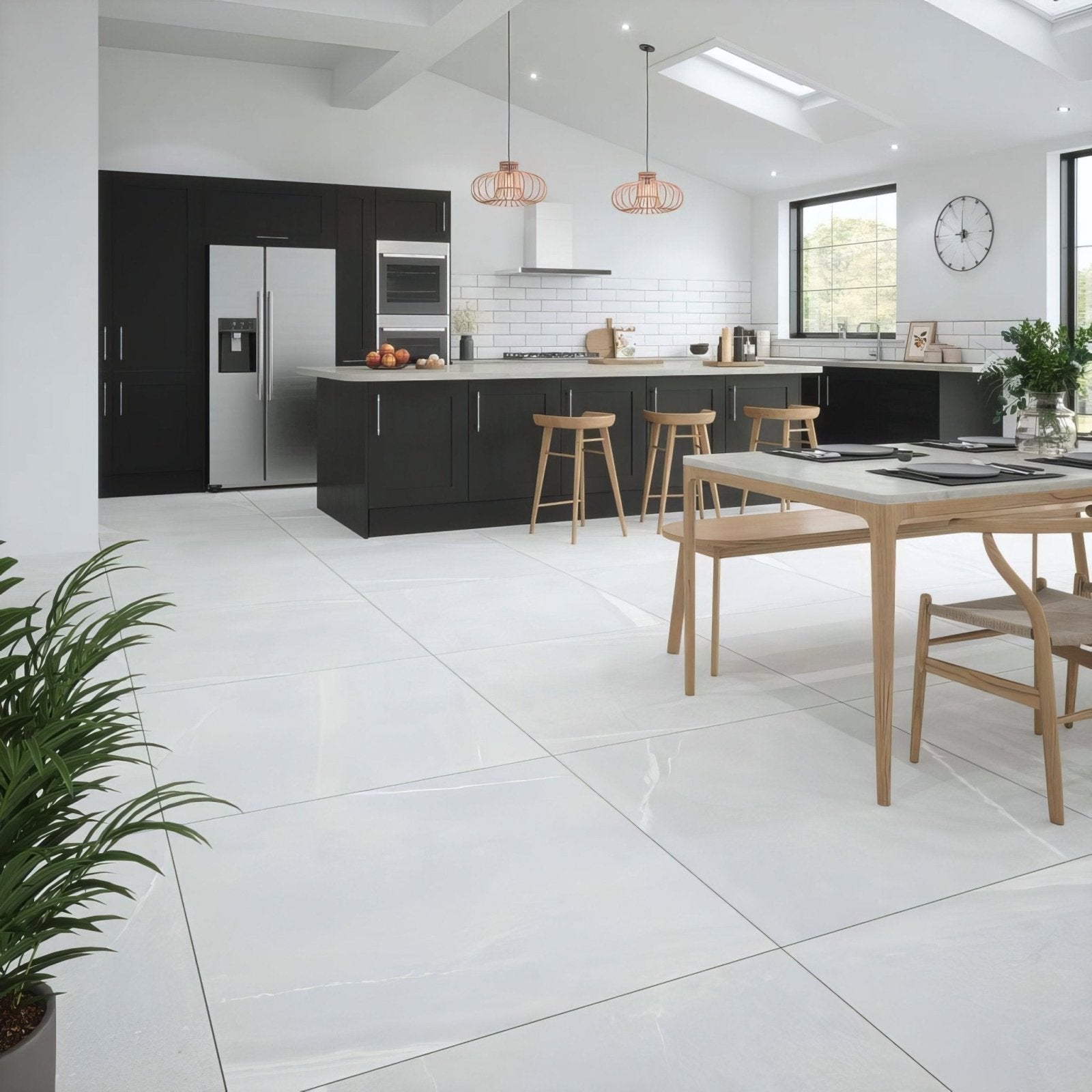 Eastford Pearl Matt Porcelain white marble-effect porcelain floor tiles with subtle grey veining
