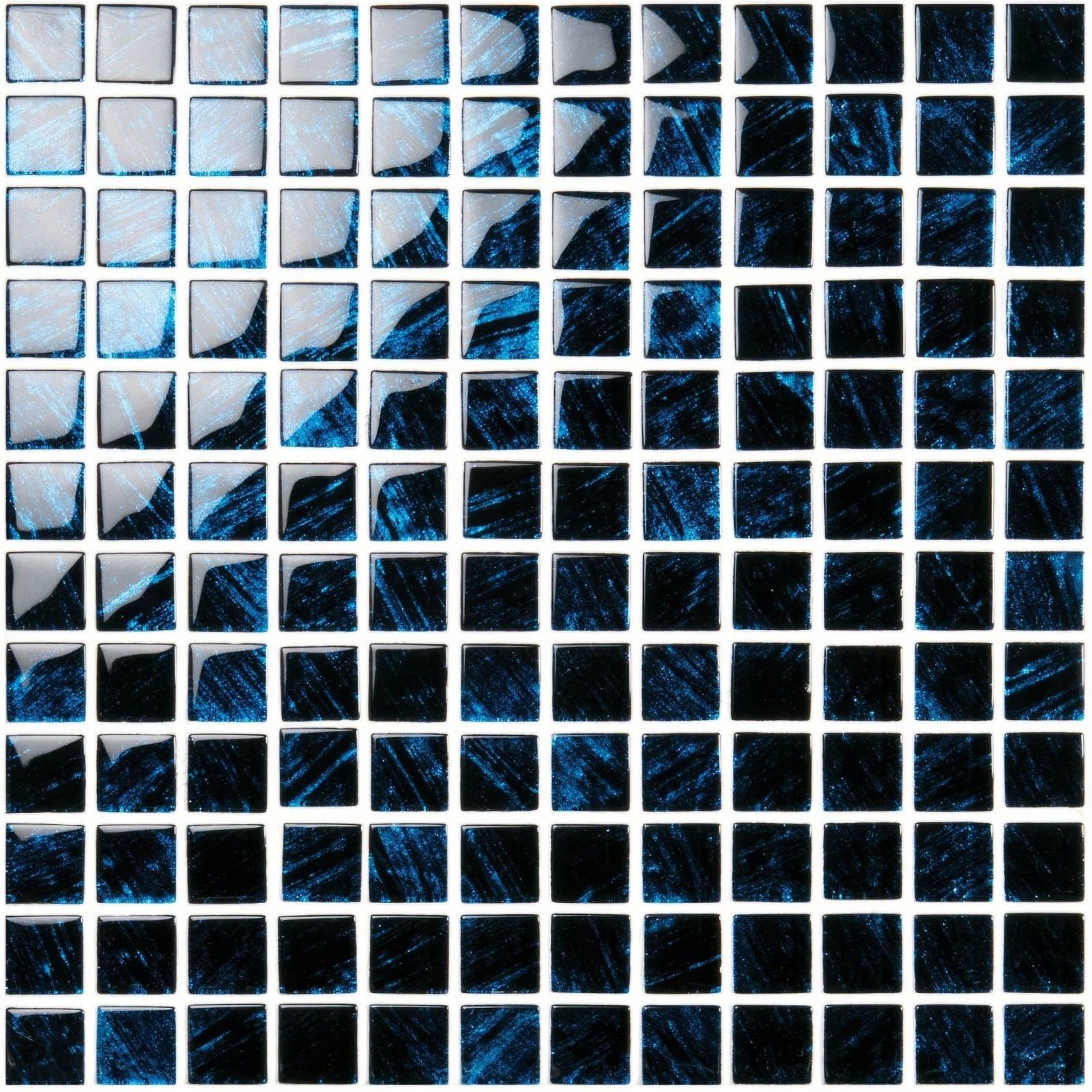 Eden glass mosaic glossy blue and black tile with swirling iridescent glass patterns for decorative use