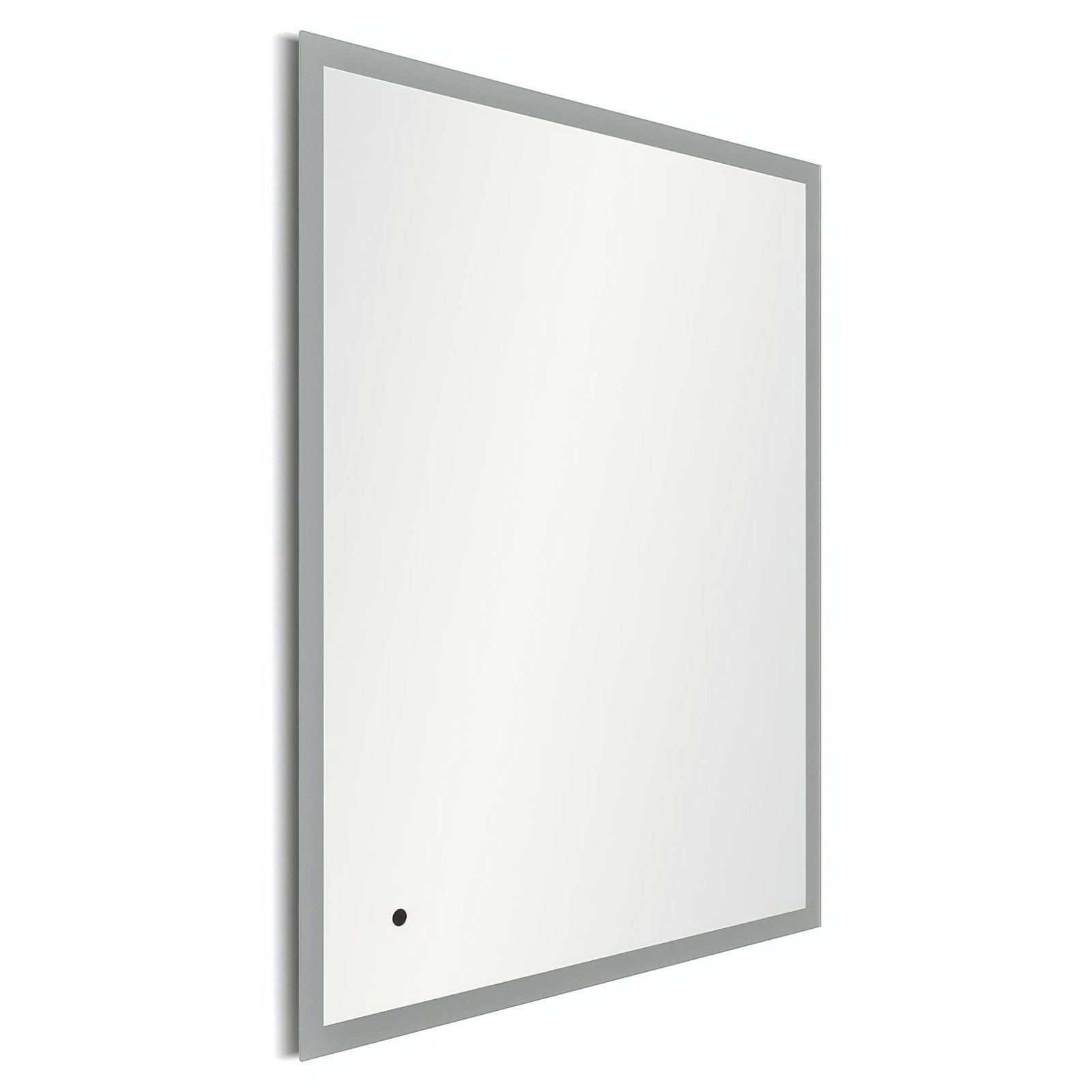 Edison rectangular mirror 100 with a sleek silver frame and a small black circular detail at the bottom corner