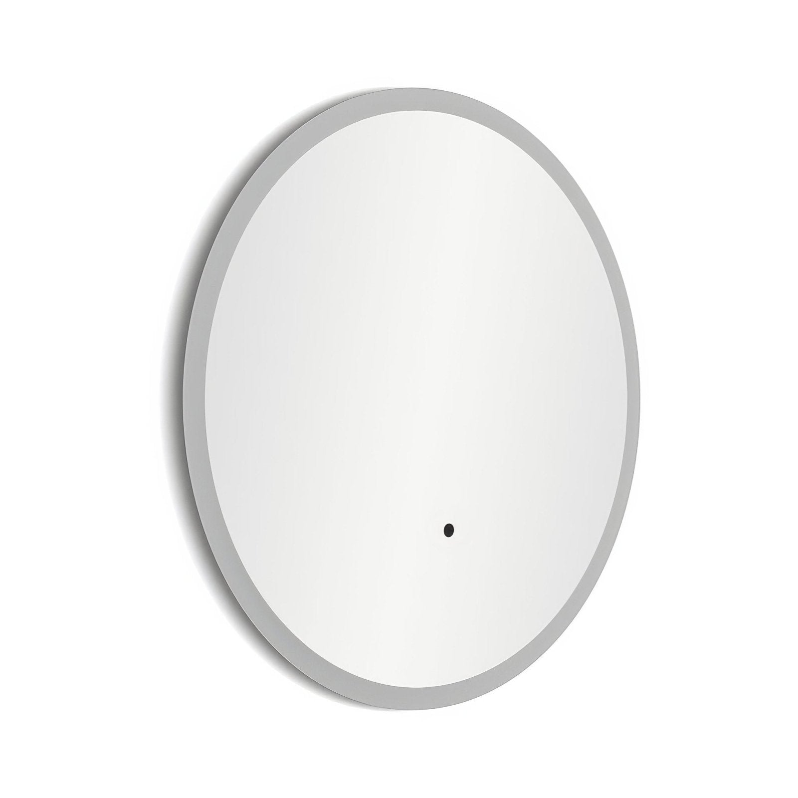 Edison round mirror 120cm sleek oval-shaped silver frame minimalist design with a small black dot at center