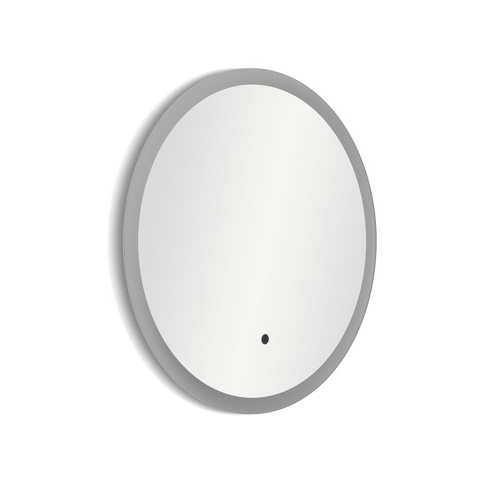 Modern oval edison round mirror 60cm with sleek silver frame and small black dot at bottom center