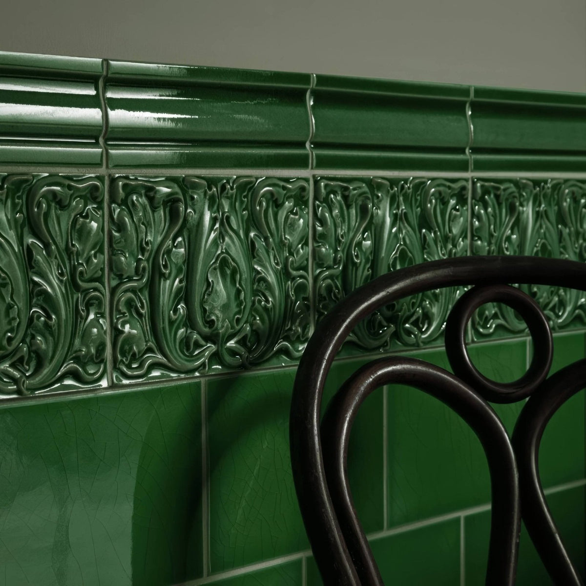Edwardian Acanthus Caledonian deep emerald green ceramic tiles with intricate raised floral and leaf patterns