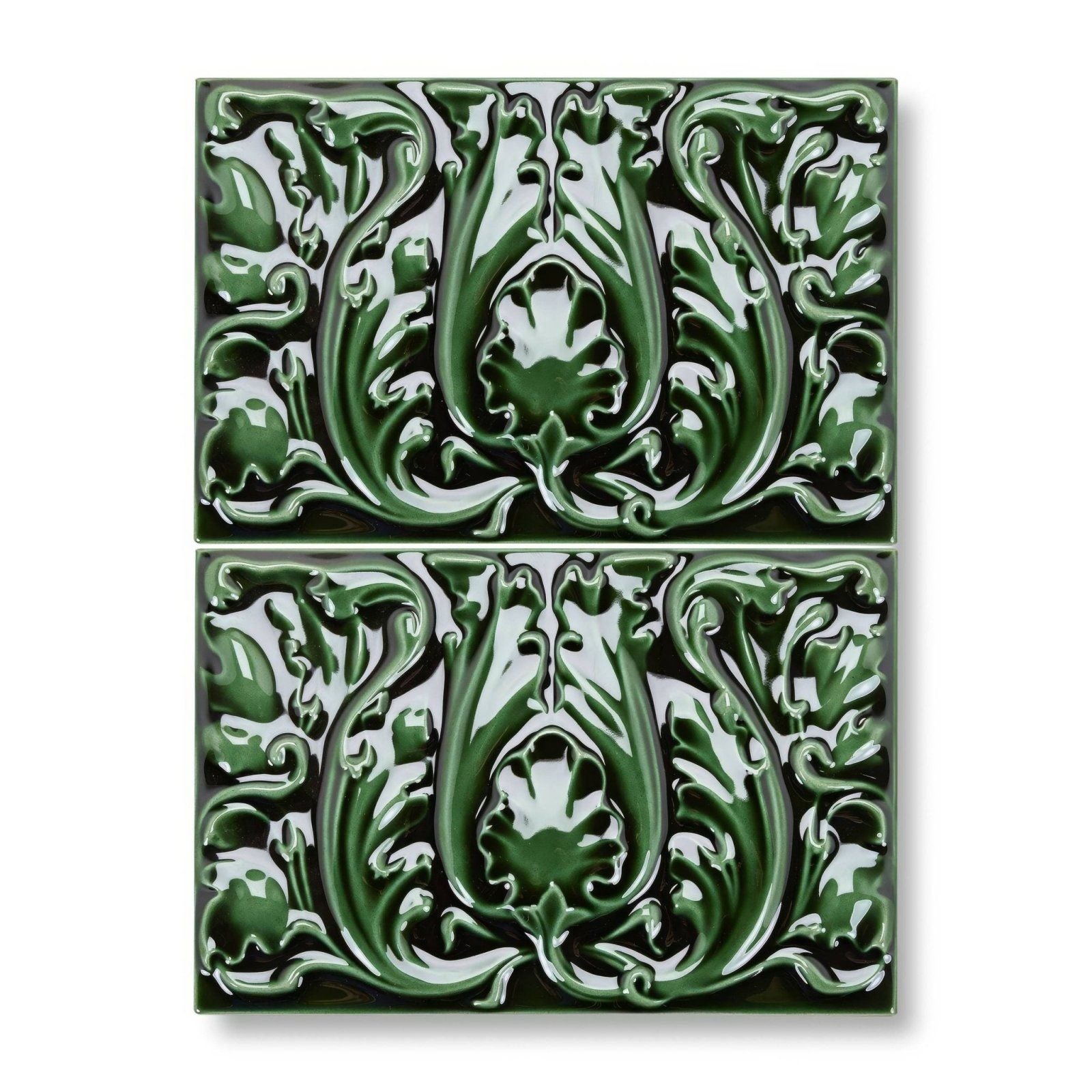 Deep emerald green ceramic tiles edwardian acanthus caledonian with intricate raised art nouveau floral and leaf patterns