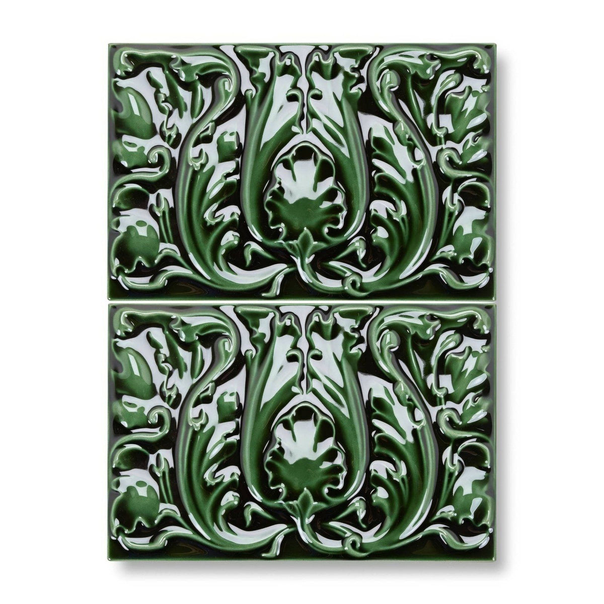 Deep emerald green ceramic tiles edwardian acanthus caledonian with intricate raised art nouveau floral and leaf patterns