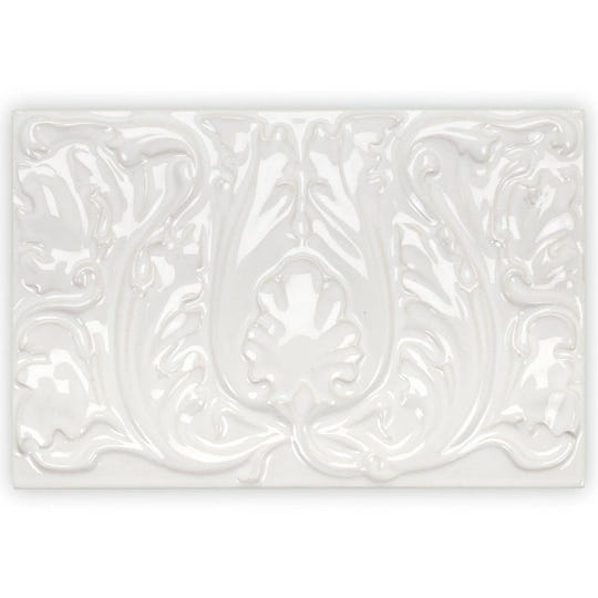 White ceramic rectangular tray with raised ornate floral and leaf patterns edwardian acanthus highgate design
