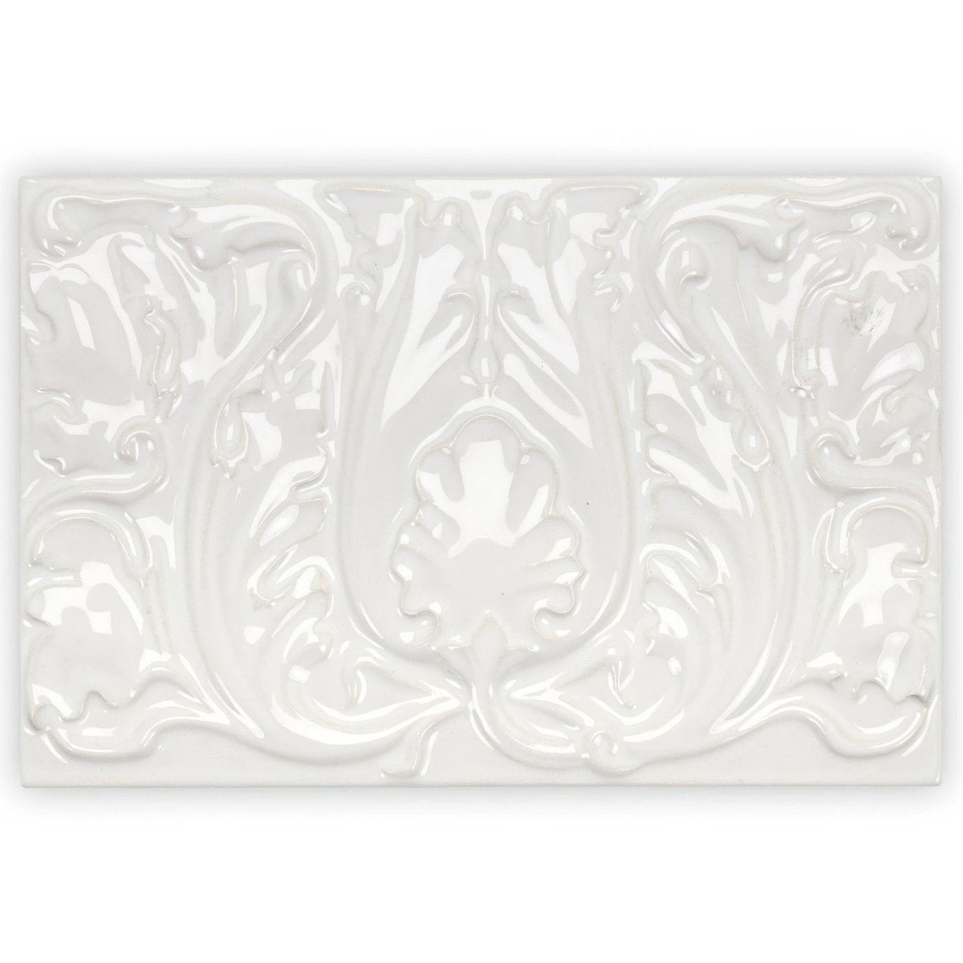 White ceramic rectangular tray with raised ornate floral and leaf patterns edwardian acanthus highgate design