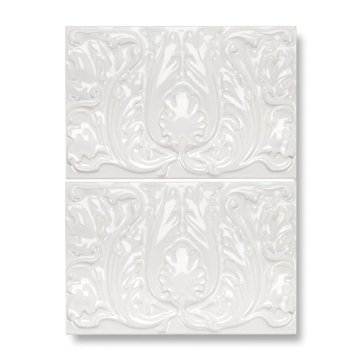 White ceramic edwardian acanthus highgate tiles with raised ornate floral patterns for decorative wall use