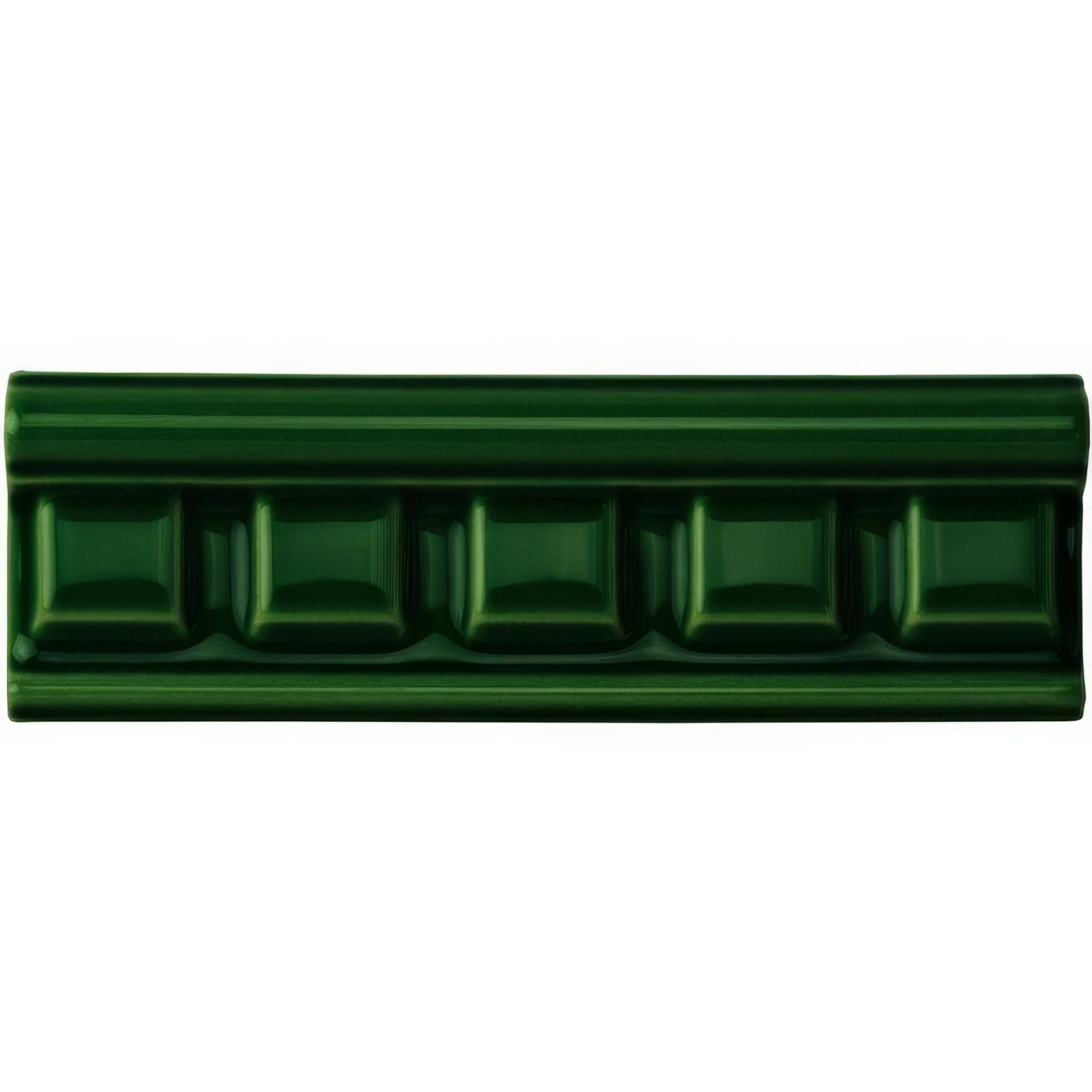 Edwardian green dentil moulding ceramic tile with deep green glossy finish and raised rectangular molding design