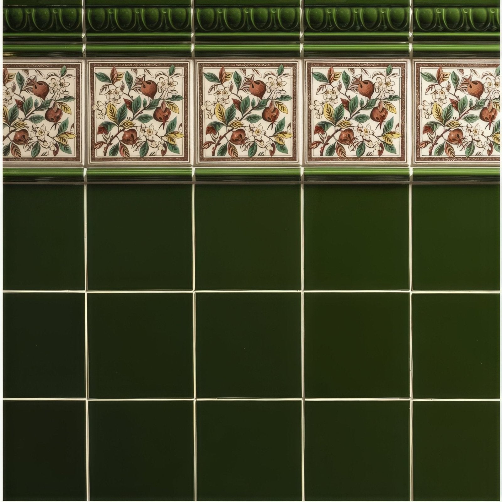 Edwardian green egg and dart moulding ceramic tiles with dark green and cream decorative fruit and floral border