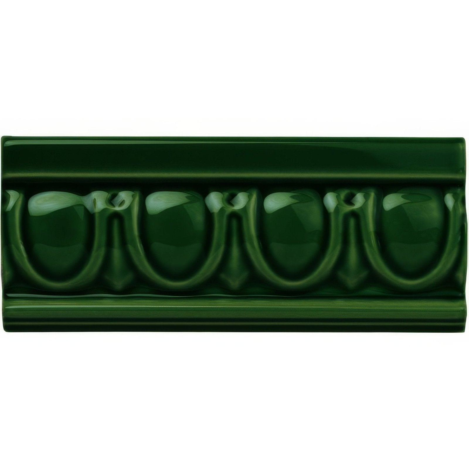 Edwardian green egg and dart moulding ceramic tile with deep green glossy finish and raised acorn pattern