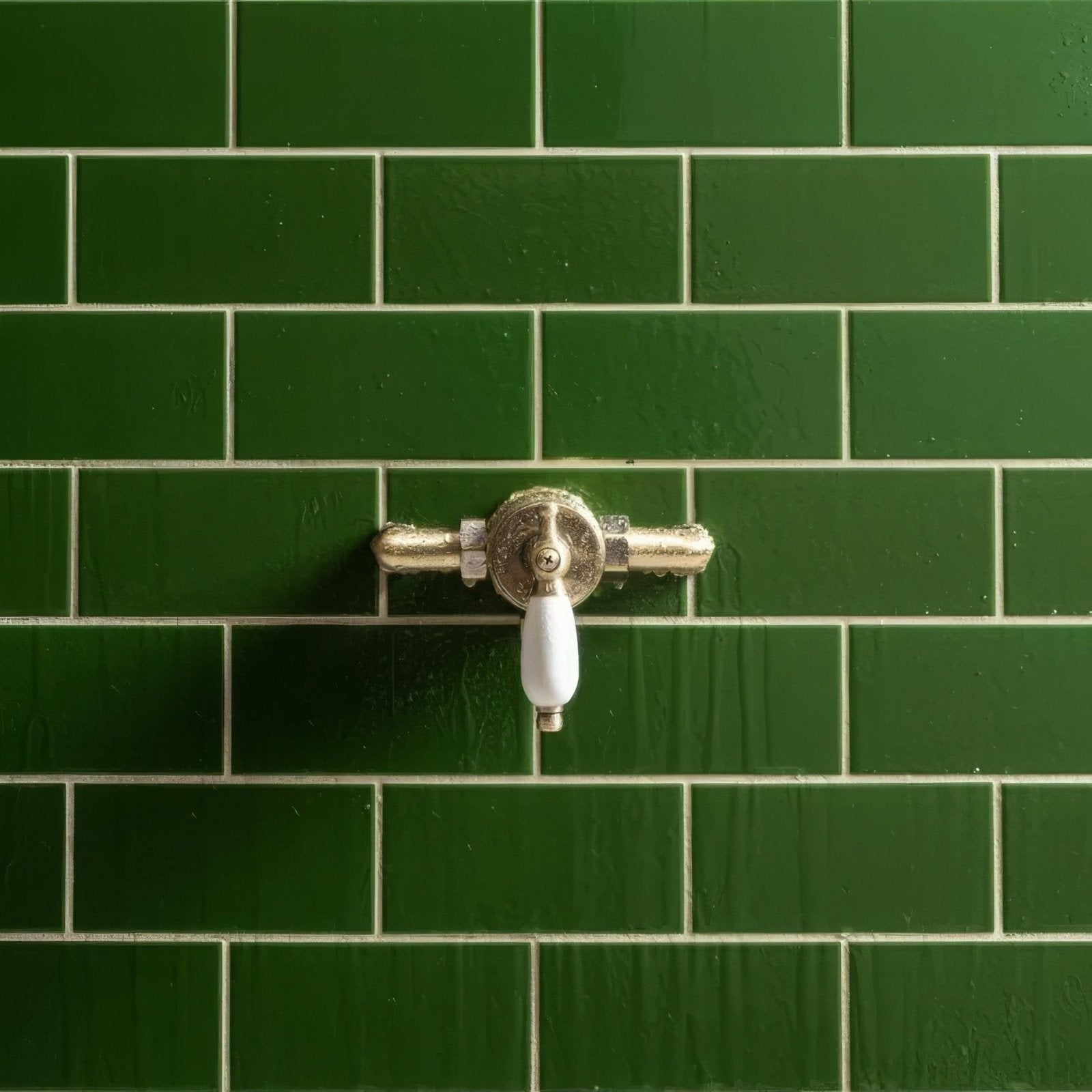 Vintage-style brass faucet with white ceramic handle mounted on edwardian green half tile subway wall