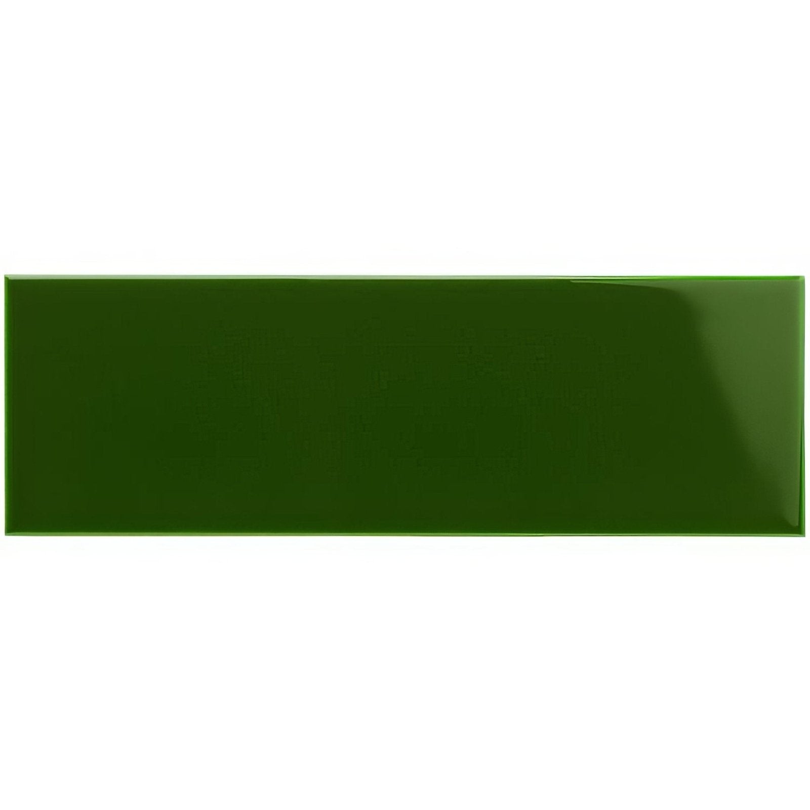 A glossy forest green rectangular ceramic tile with a smooth glazed surface labeled edwardian green large brick