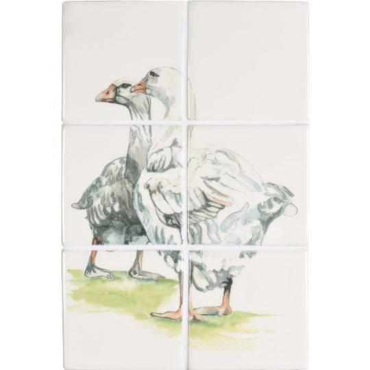 White ceramic wall tile set elders 6 featuring a watercolor illustration of two geese for decorative use