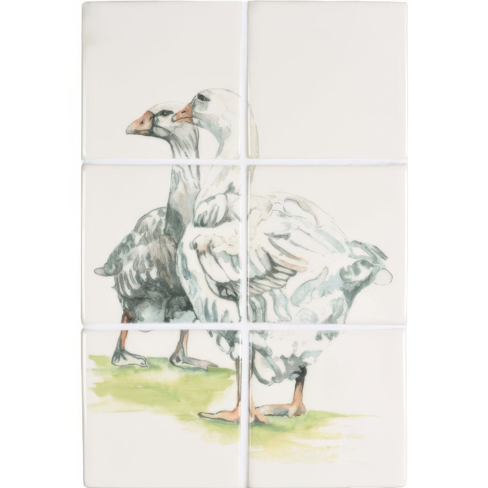 White ceramic wall tile set elders 6 featuring a watercolor illustration of two geese for decorative use