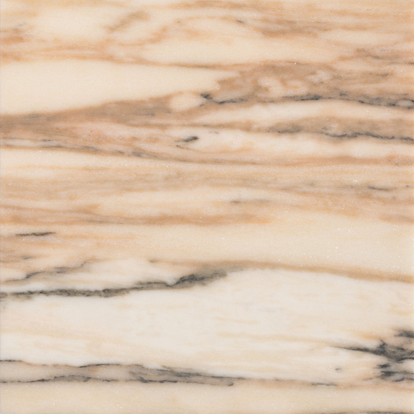 Cream-colored elixir marble oud rose honed slab with flowing golden-brown and dark gray veining on marble surface