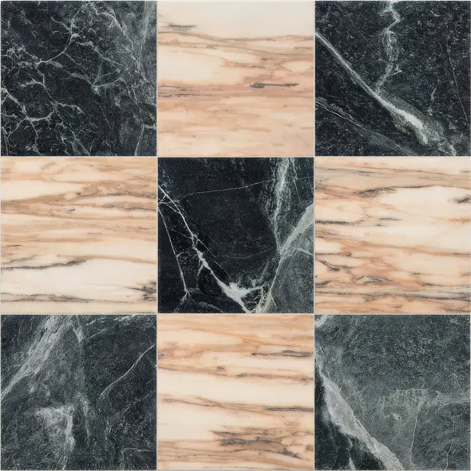 Square elixir marble oud rose honed tiles in black and beige with natural veining on polished marble surface