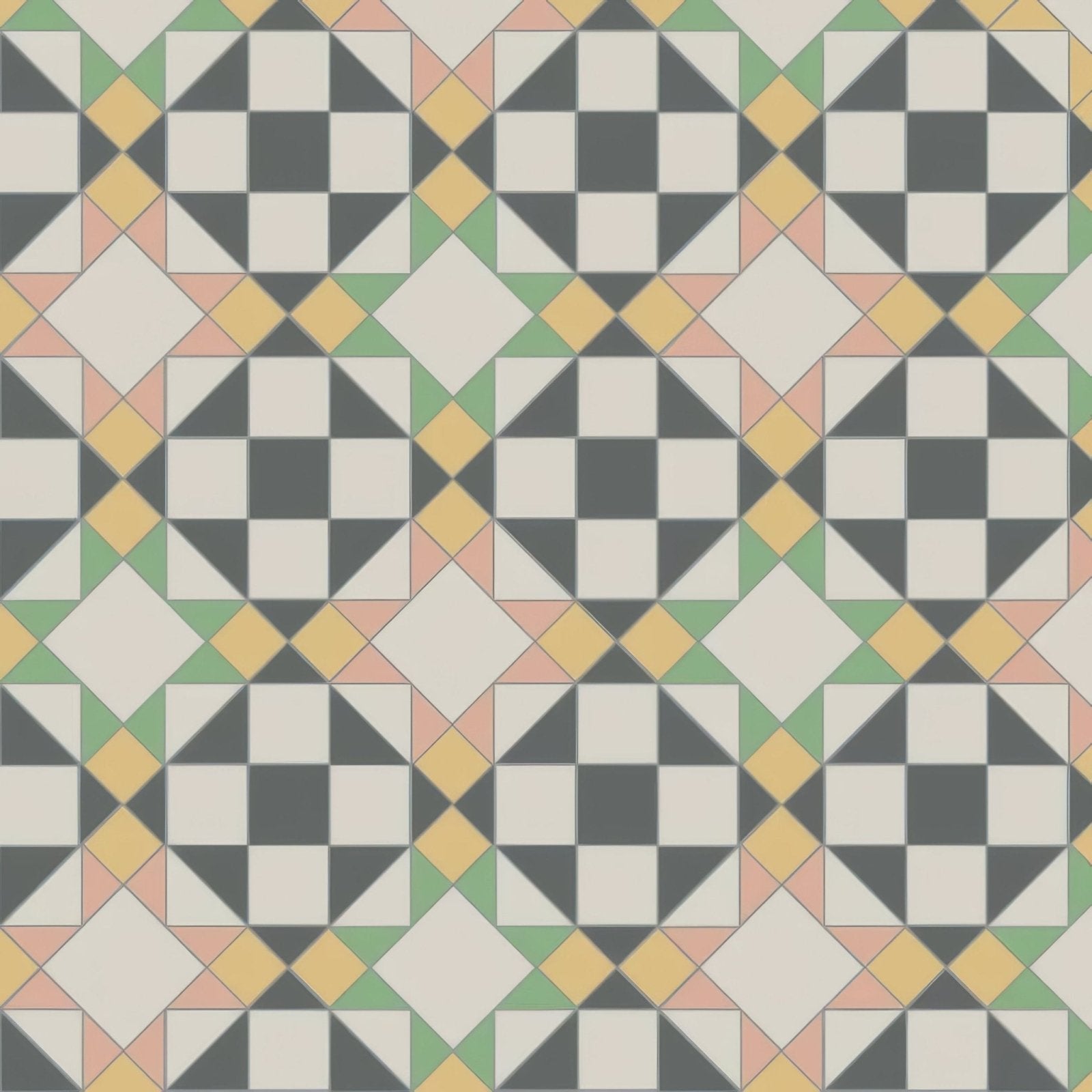 Geometric patterned tile eltham carnation pink with repeating black and white diamond design and yellow green accents