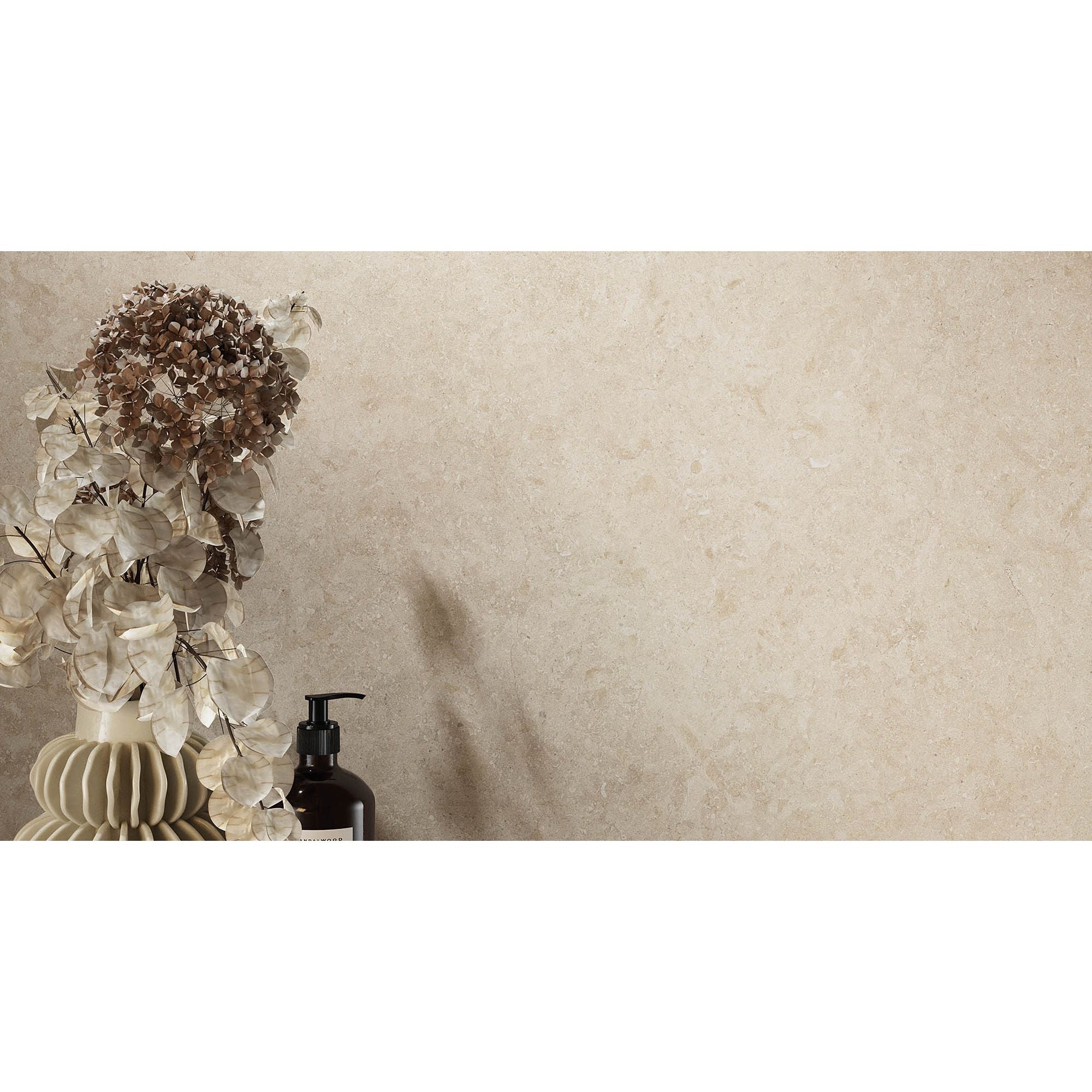 Beige textured wall tile with subtle natural stone veining elysian desert stone brushed 80 x 80cm