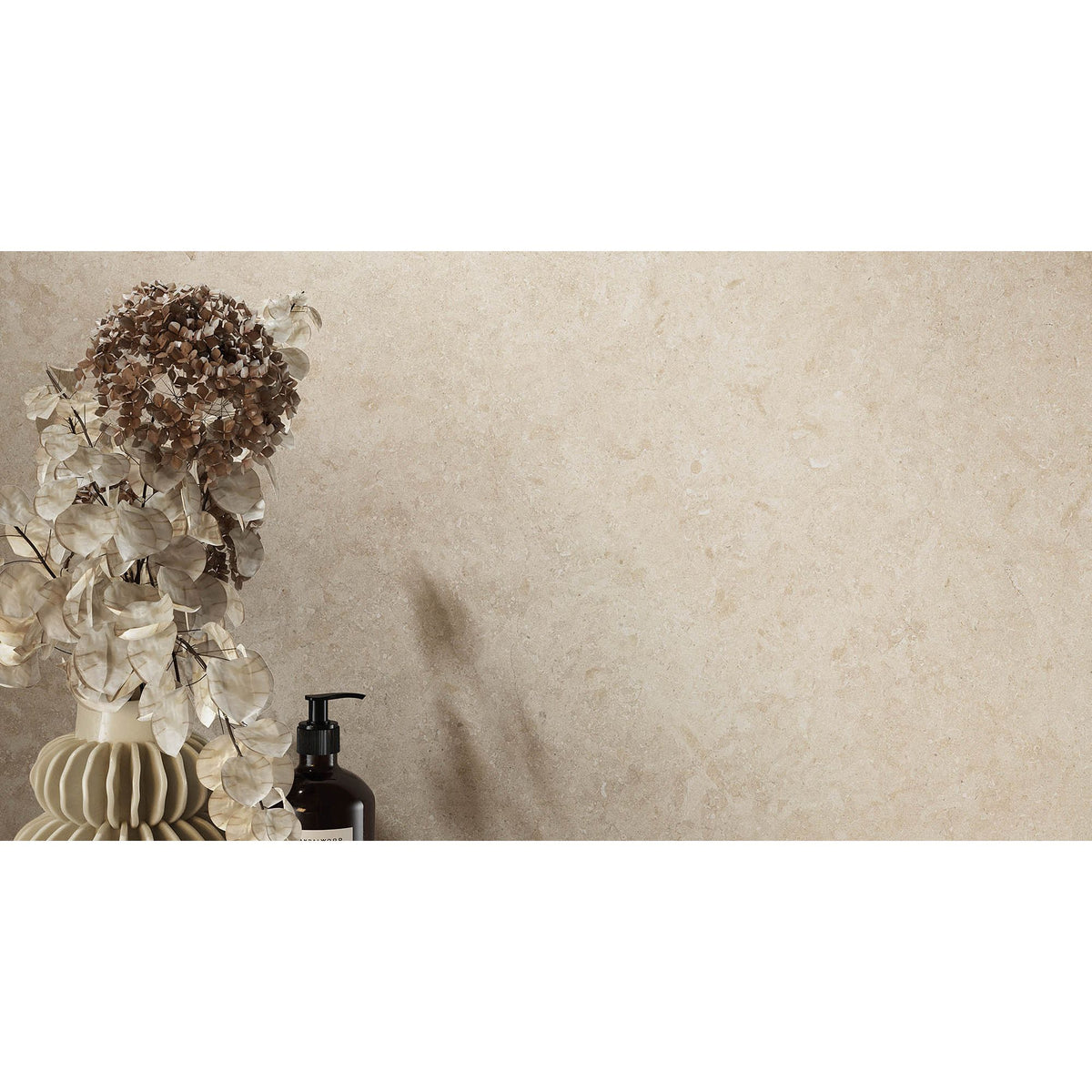 Beige textured wall tile with subtle natural stone veining elysian desert stone brushed 80 x 80cm