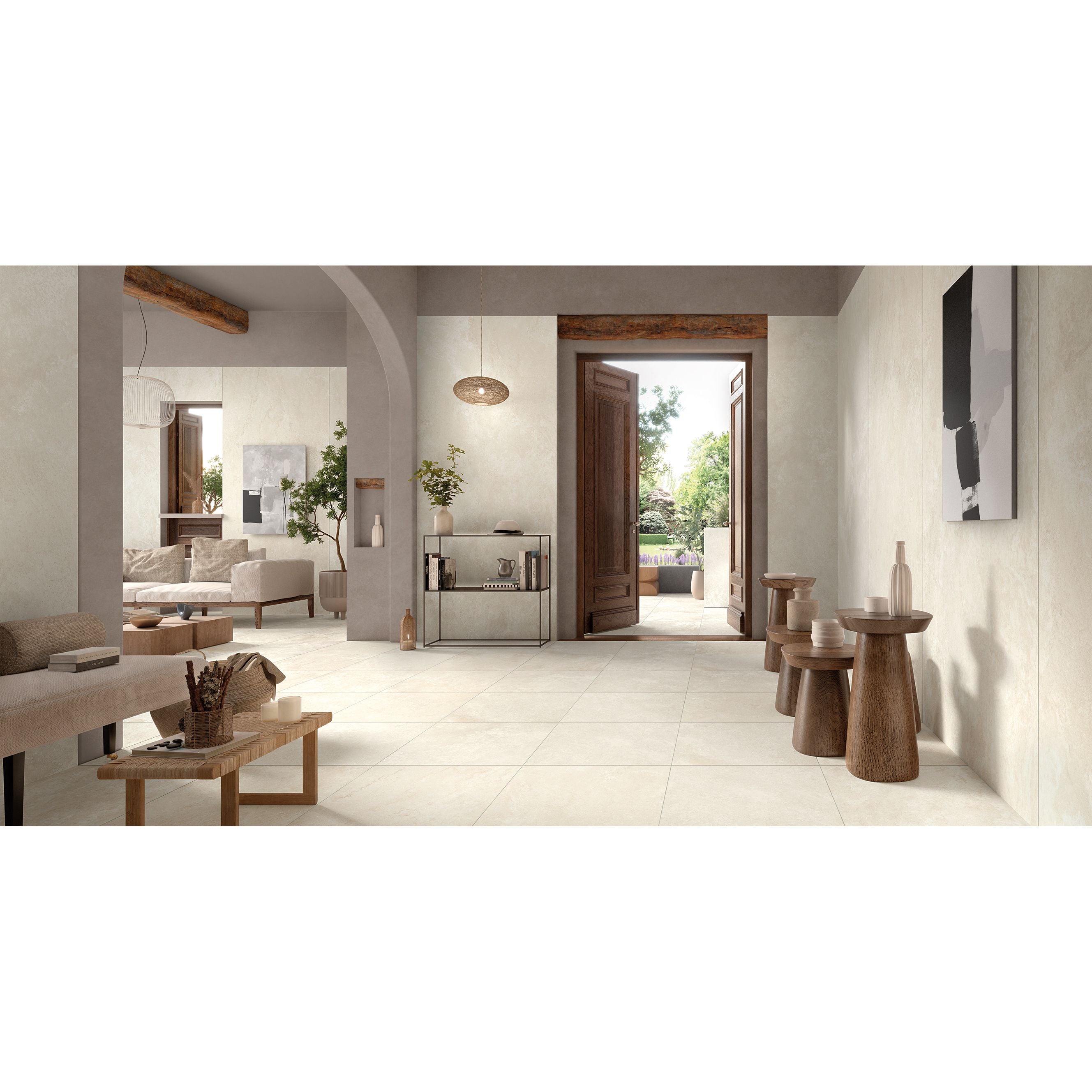 Elysian Mediterranea brushed cream-colored matte ceramic floor tiles with subtle texture and clean edges 80 x 80cm