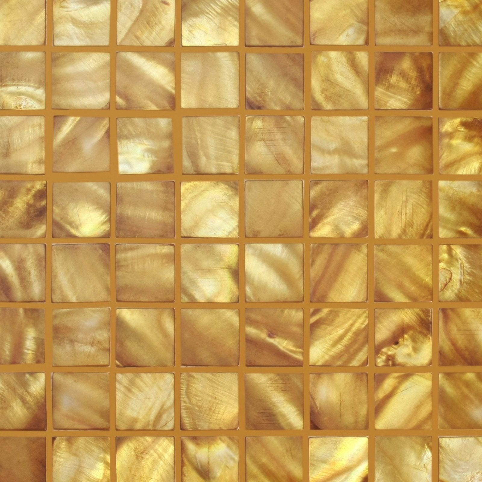 Emerald gold 25mm square golden mosaic tiles with lustrous iridescent finish resembling mother-of-pearl