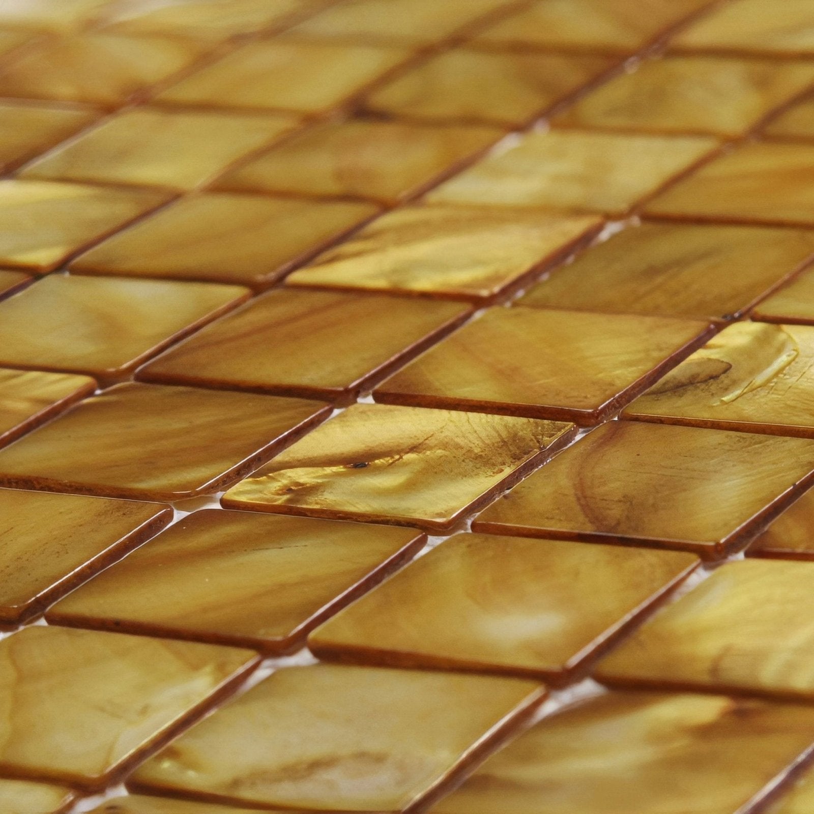 Golden square mosaic tiles emerald gold 25mm with glossy finish and swirling amber patterns for decorative use