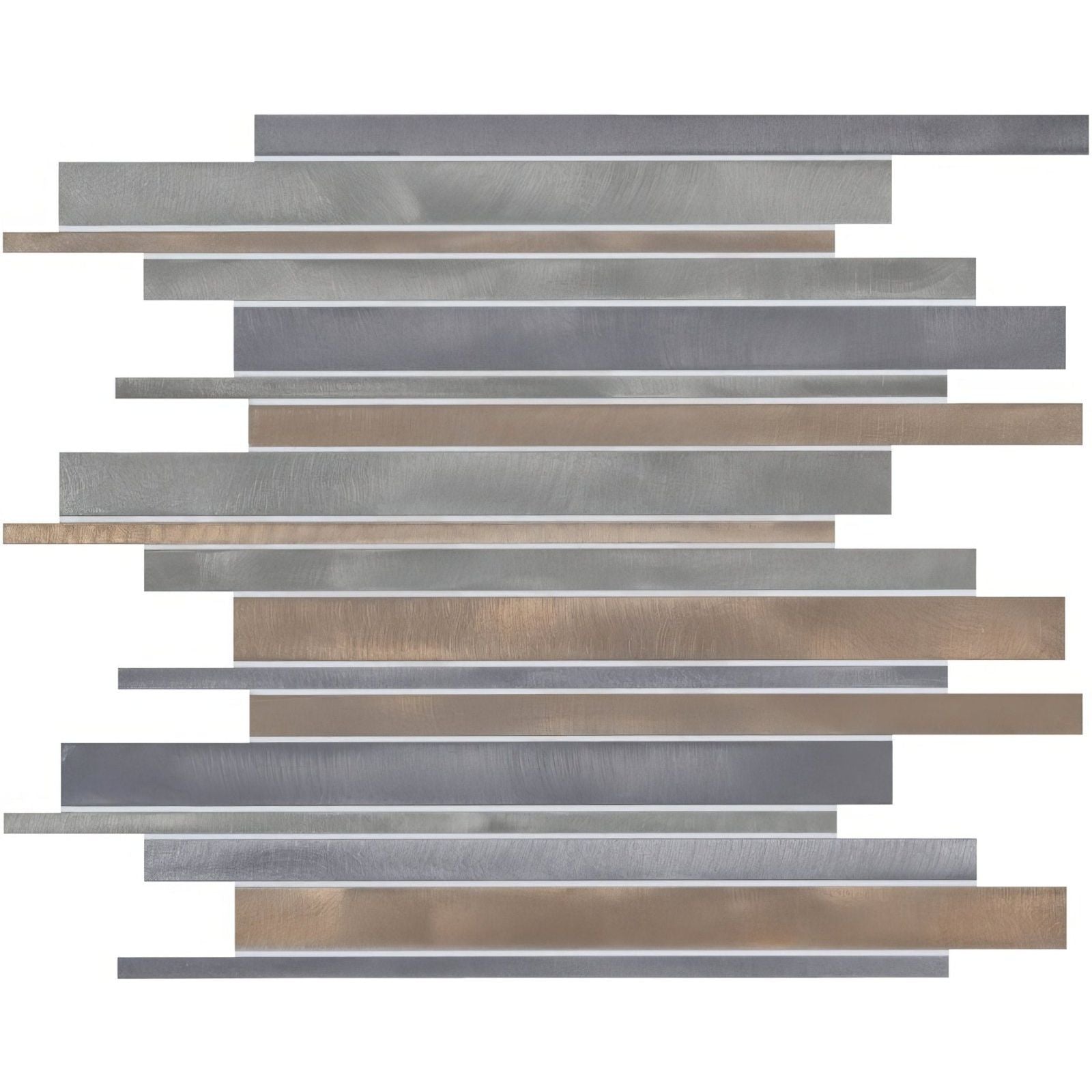 Modern metallic Empire aluminium mosaic tile with horizontal brushed silver and warm bronze strips