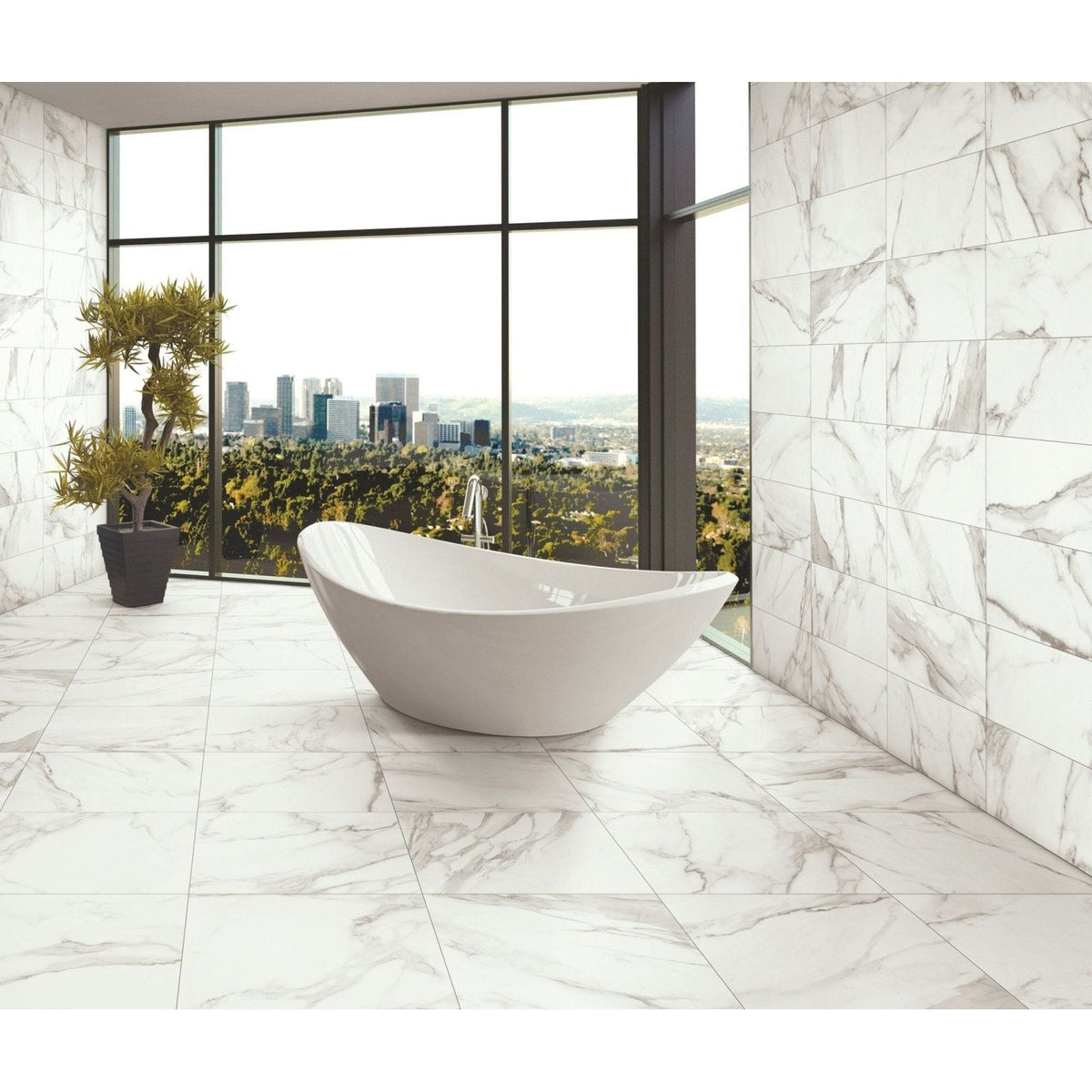 Energy Stone Calacatta Polished 30 x 60cm white marble-effect tiles with a freestanding bathtub