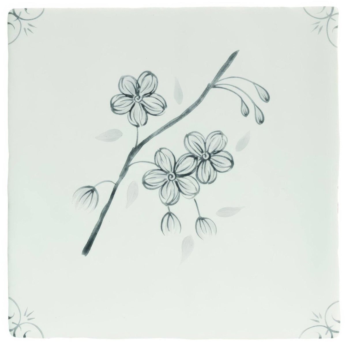 A delicate black ink sketch of a flowering branch on a pale green ceramic tile english delft charcoal blossom