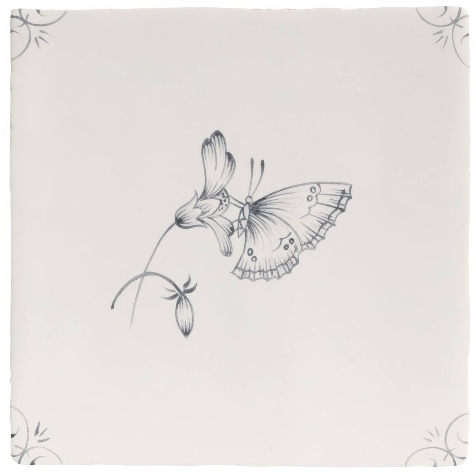 English Delft charcoal butterfly 2 ceramic plate with delicate gray butterfly and stylized flower in fine line art
