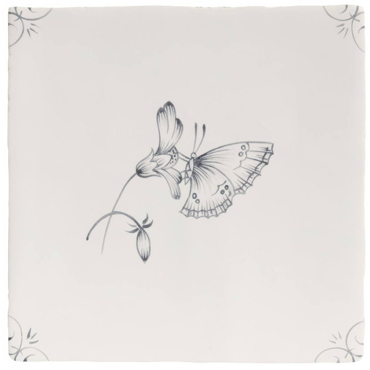 English Delft charcoal butterfly 2 ceramic plate with delicate gray butterfly and stylized flower in fine line art