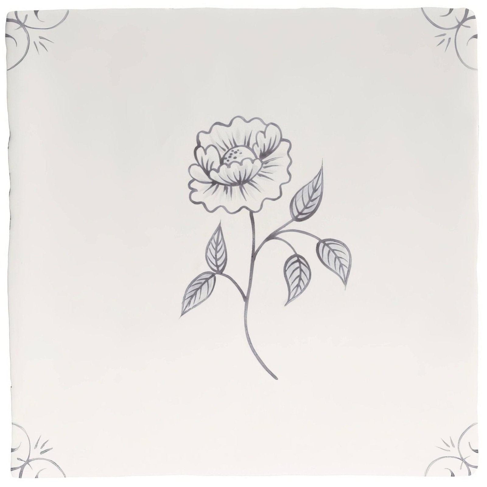 A delicate cream-colored English Delft charcoal peony handkerchief with gray floral and swirling corner patterns