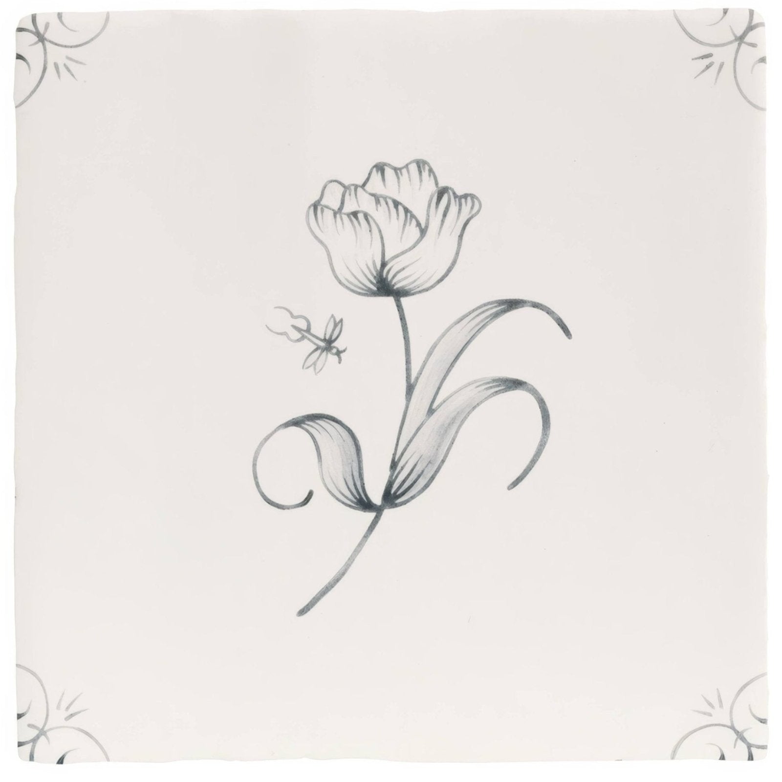 A square english delft charcoal tulip ceramic tile hand painted with a delicate tulip and dragonfly motif