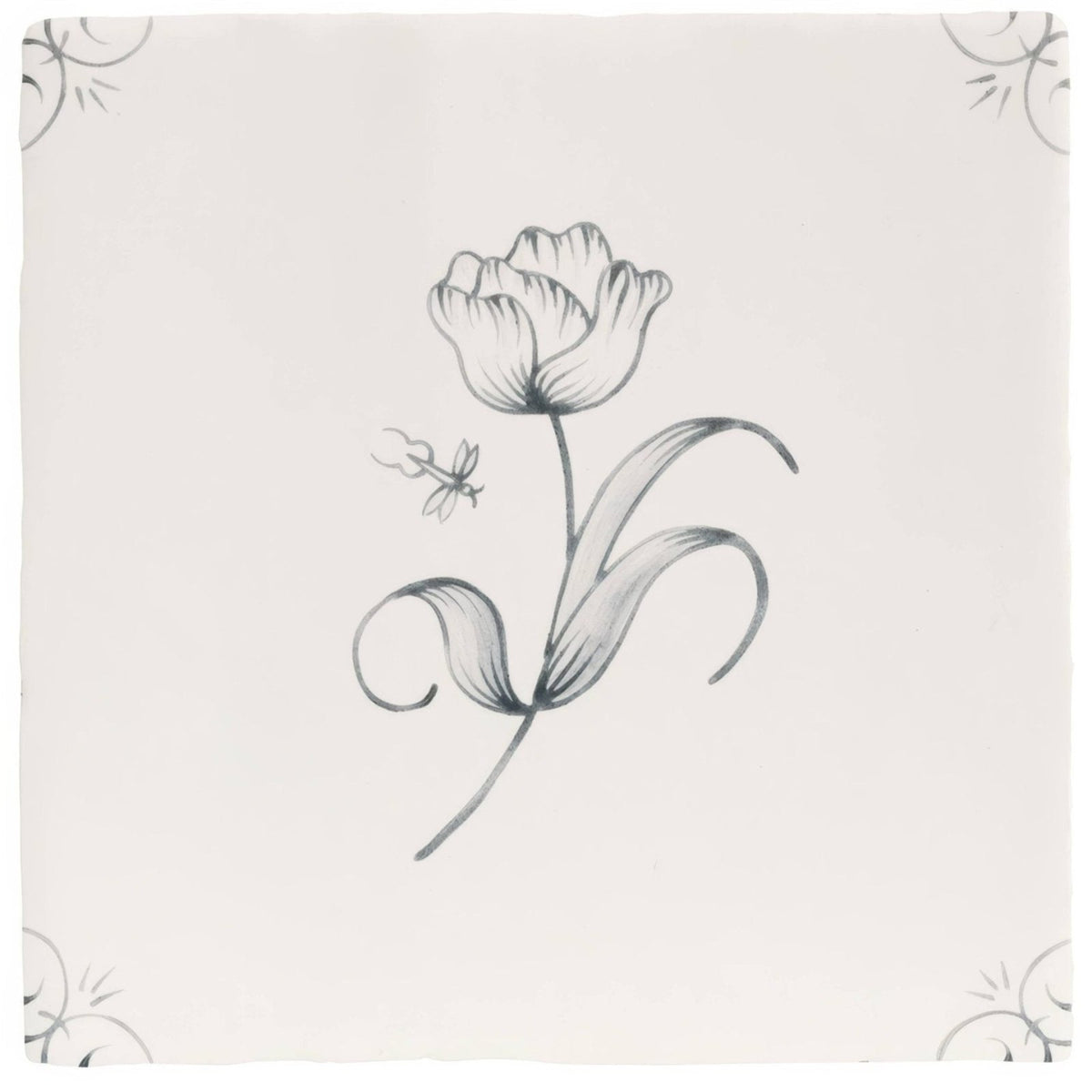 A square english delft charcoal tulip ceramic tile hand painted with a delicate tulip and dragonfly motif