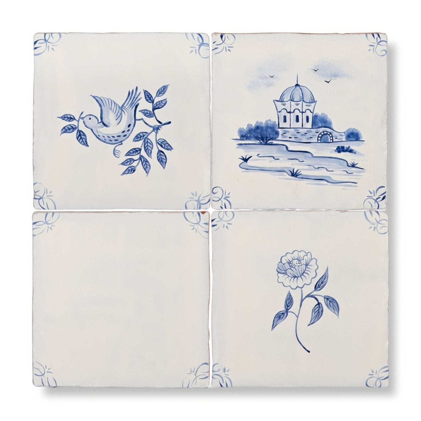 Set of four square english delft peony blue gloss ceramic tiles with hand-painted traditional dutch cobalt motifs