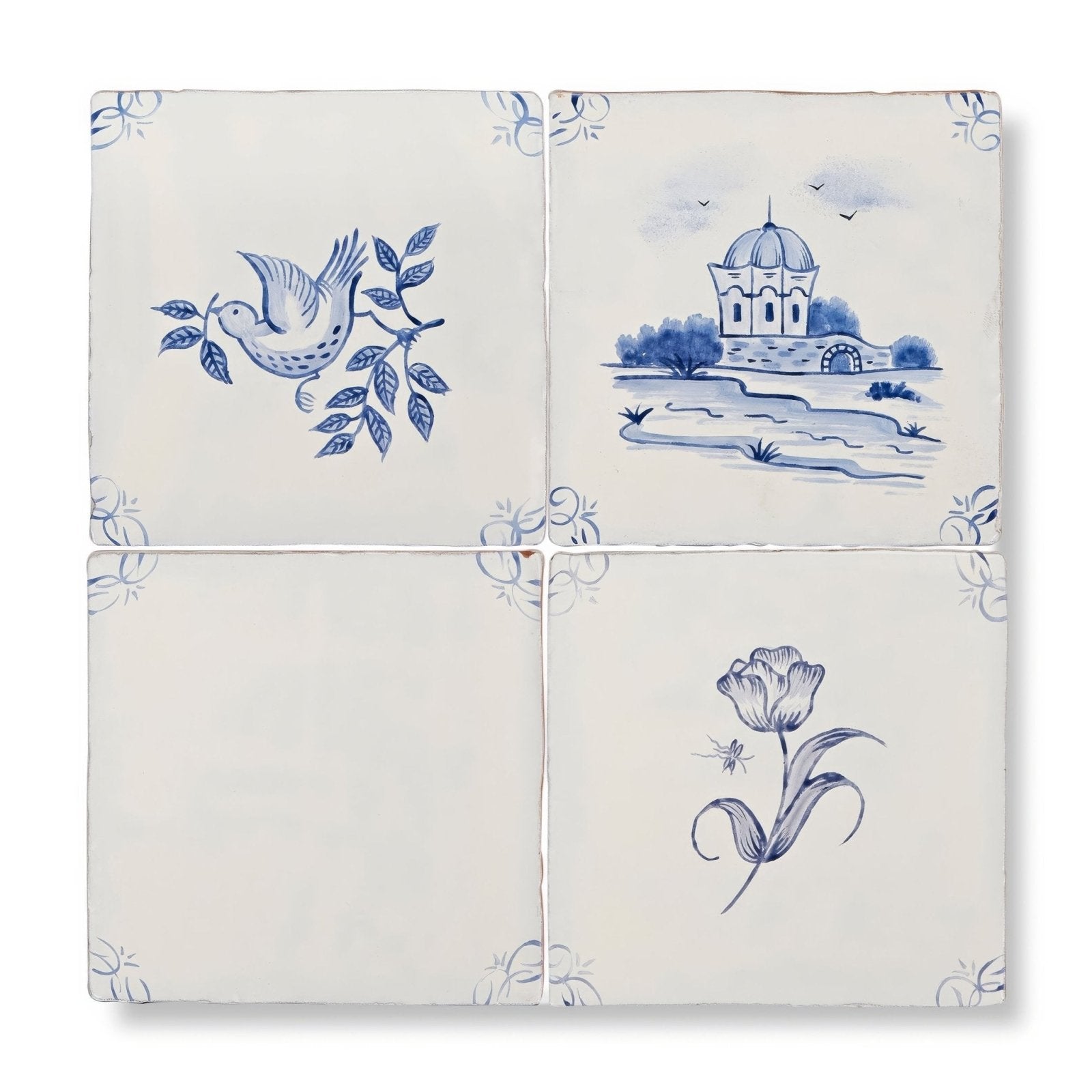 Set of four english delft tulip blue gloss ceramic tiles with hand-painted cobalt blue scenes on creamy white background