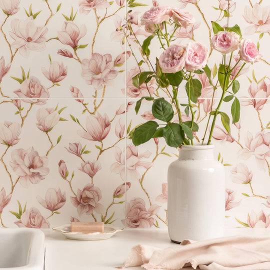 White ceramic vase holding pink roses featured on an english garden magnolia single tile product image
