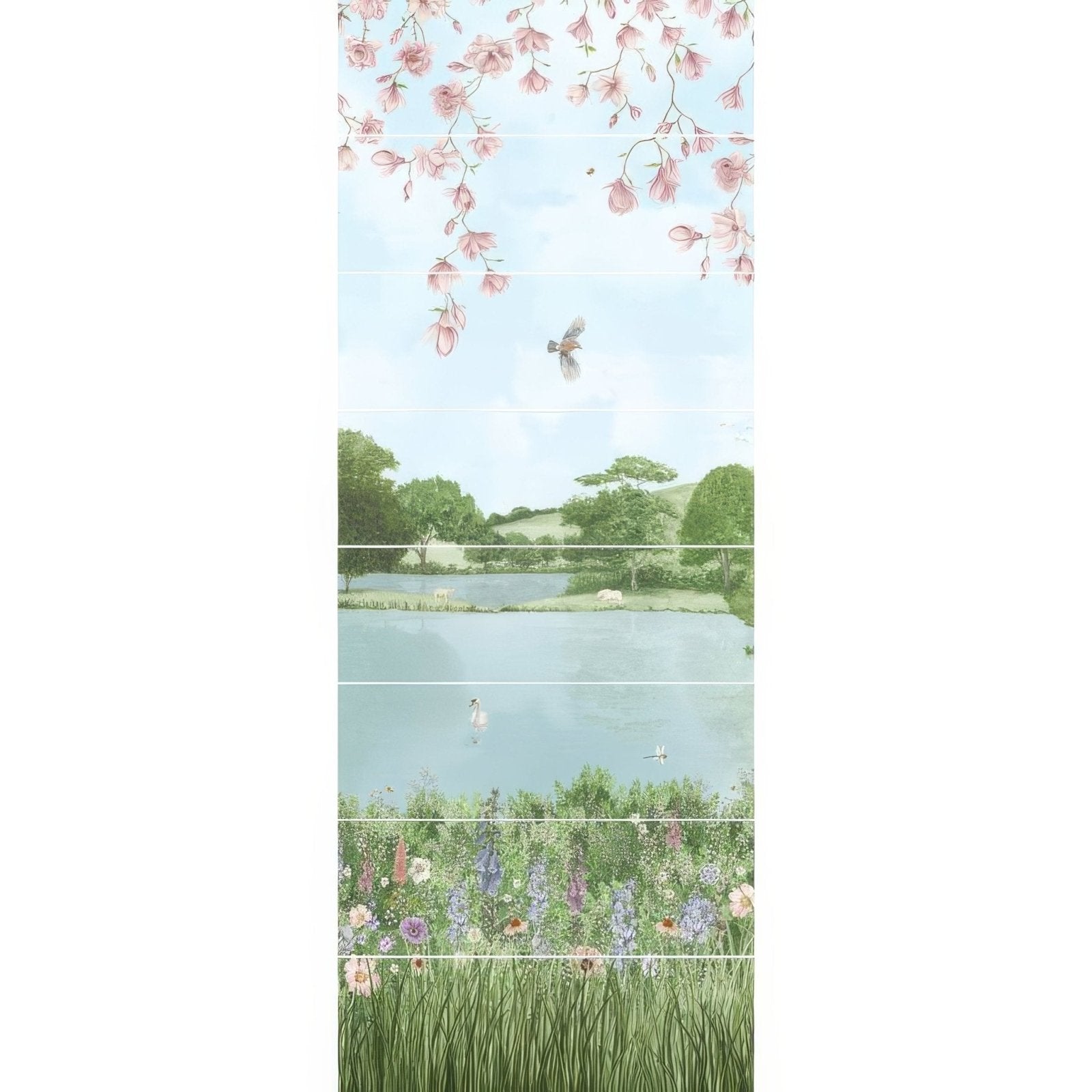 Pastel pink and green yoga mat with floral and pastoral design from English Garden decorative 8-tile set panel b