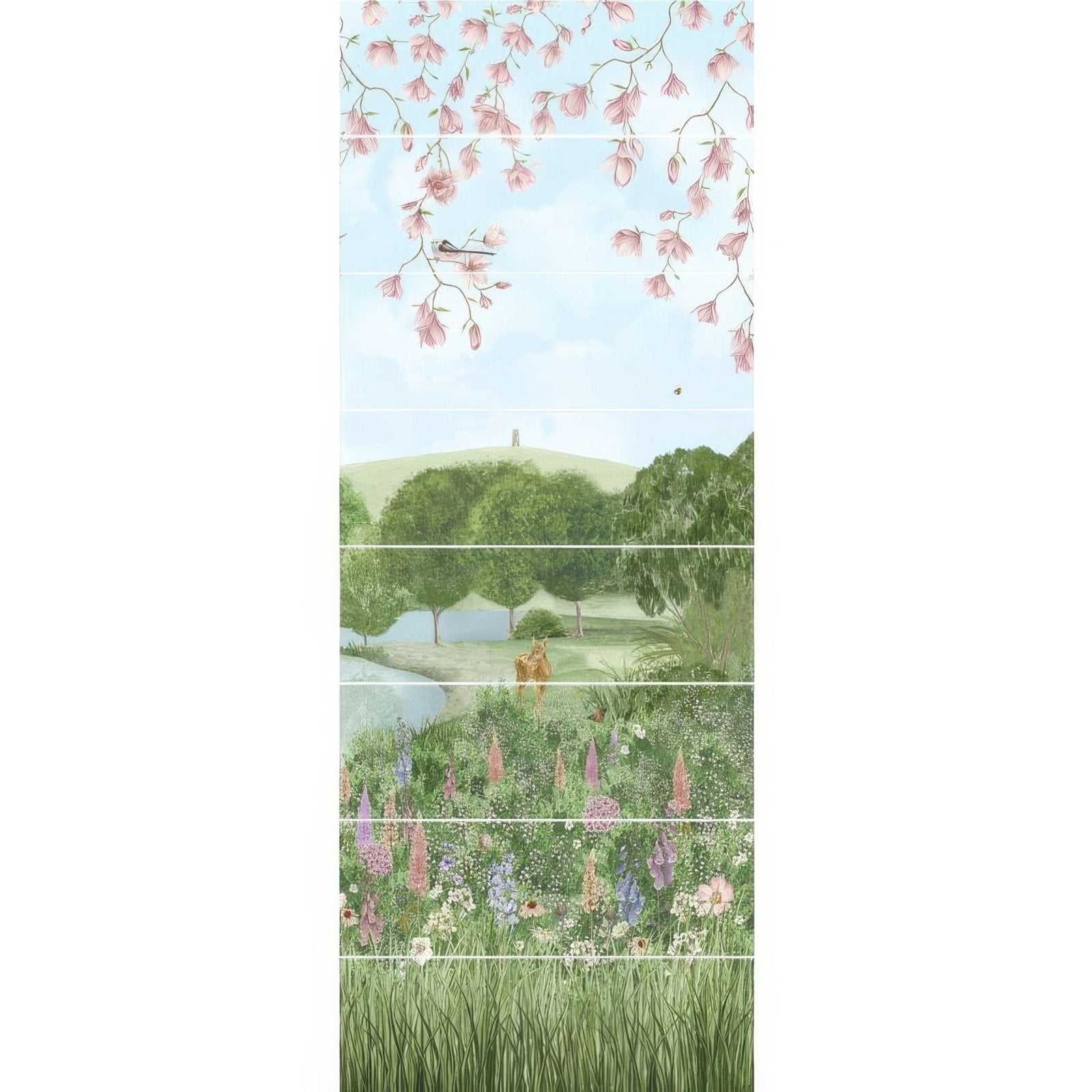 English garden decorative 8-tile set panel c illustrated wallpaper with serene pink blossoms green trees and wildflowers