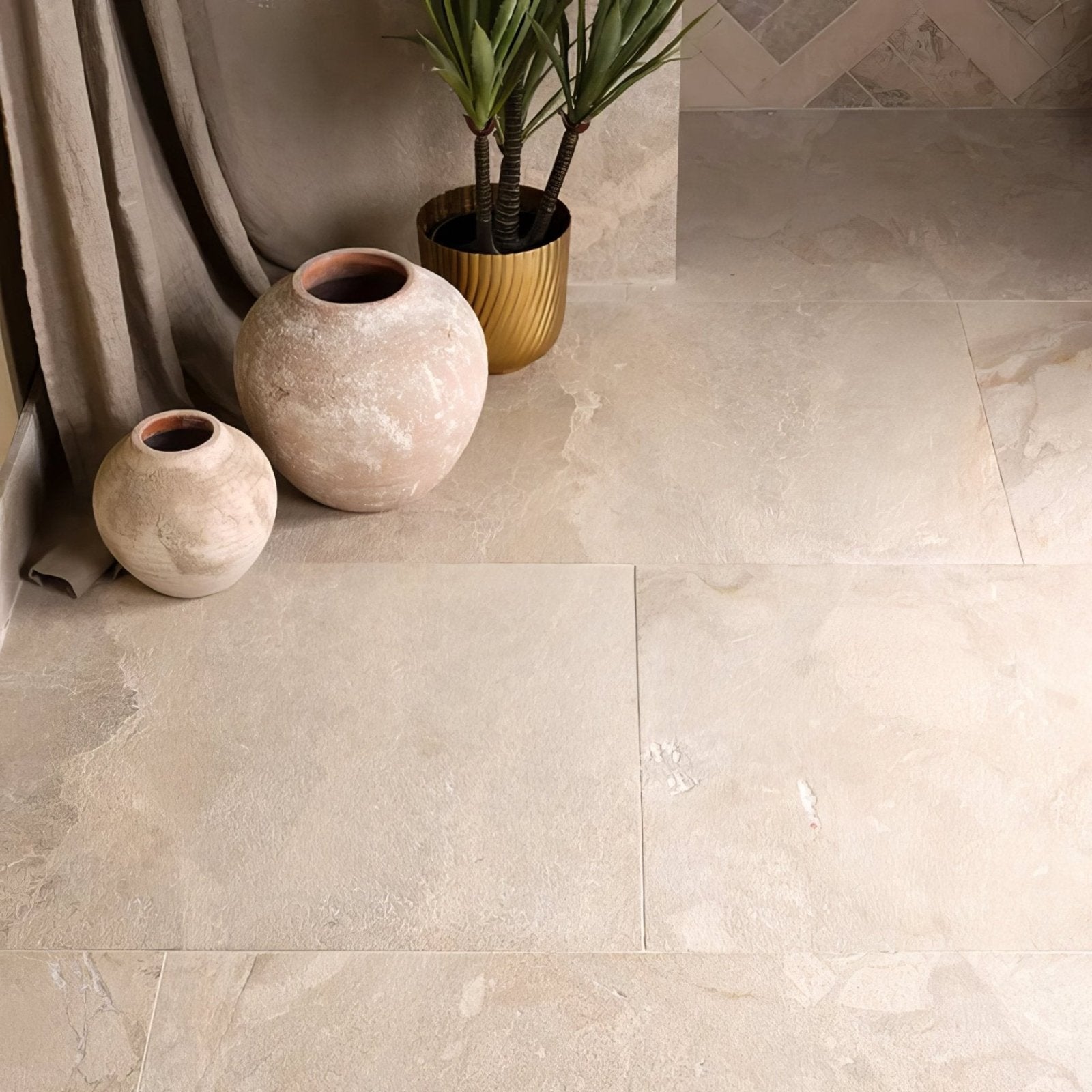 Beige enki limestone velvet finish floor tiles with stone-effect texture and subtle natural marbled veining