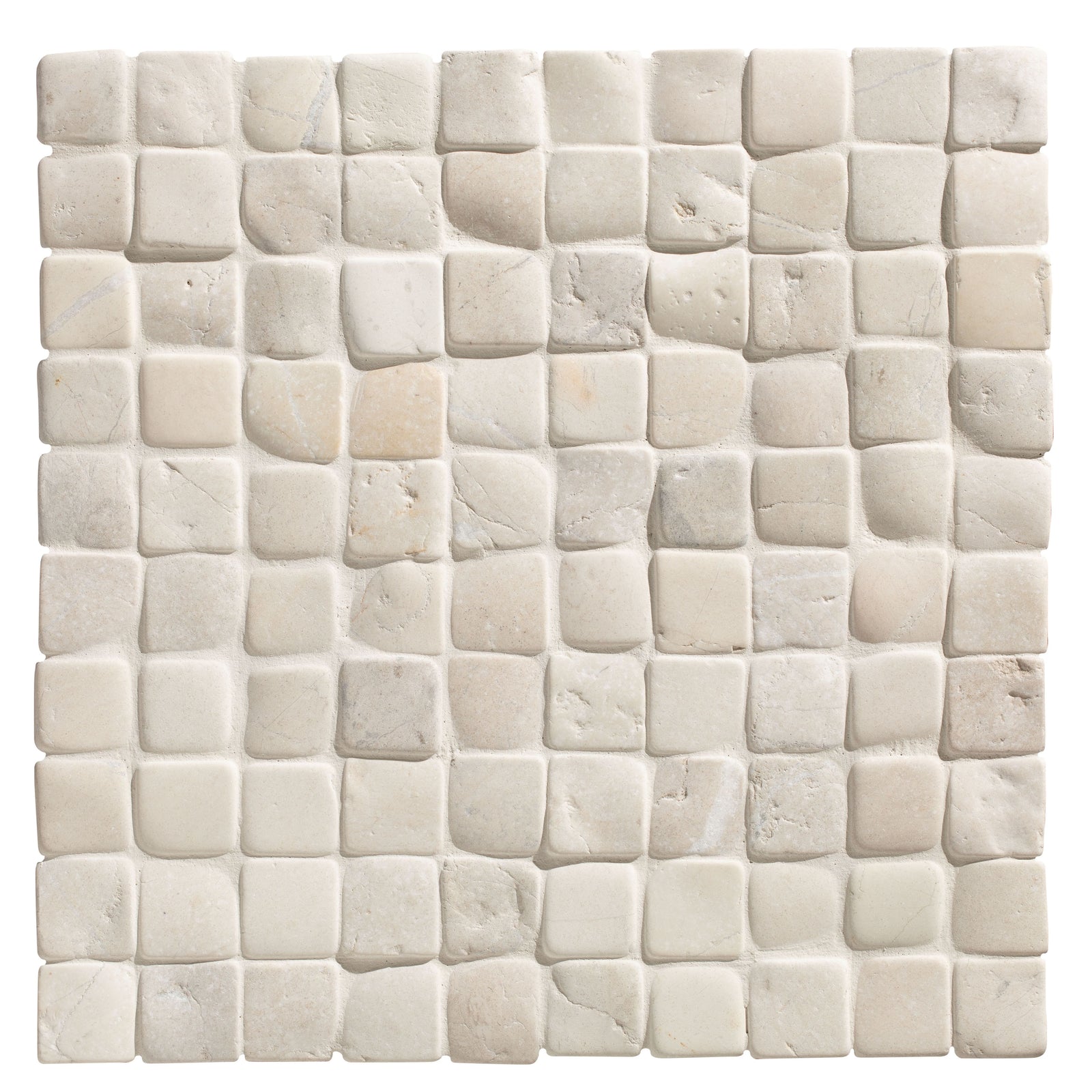Enso cobble mosaic cube chalk white textured stone tile with natural uneven surface and subtle veining
