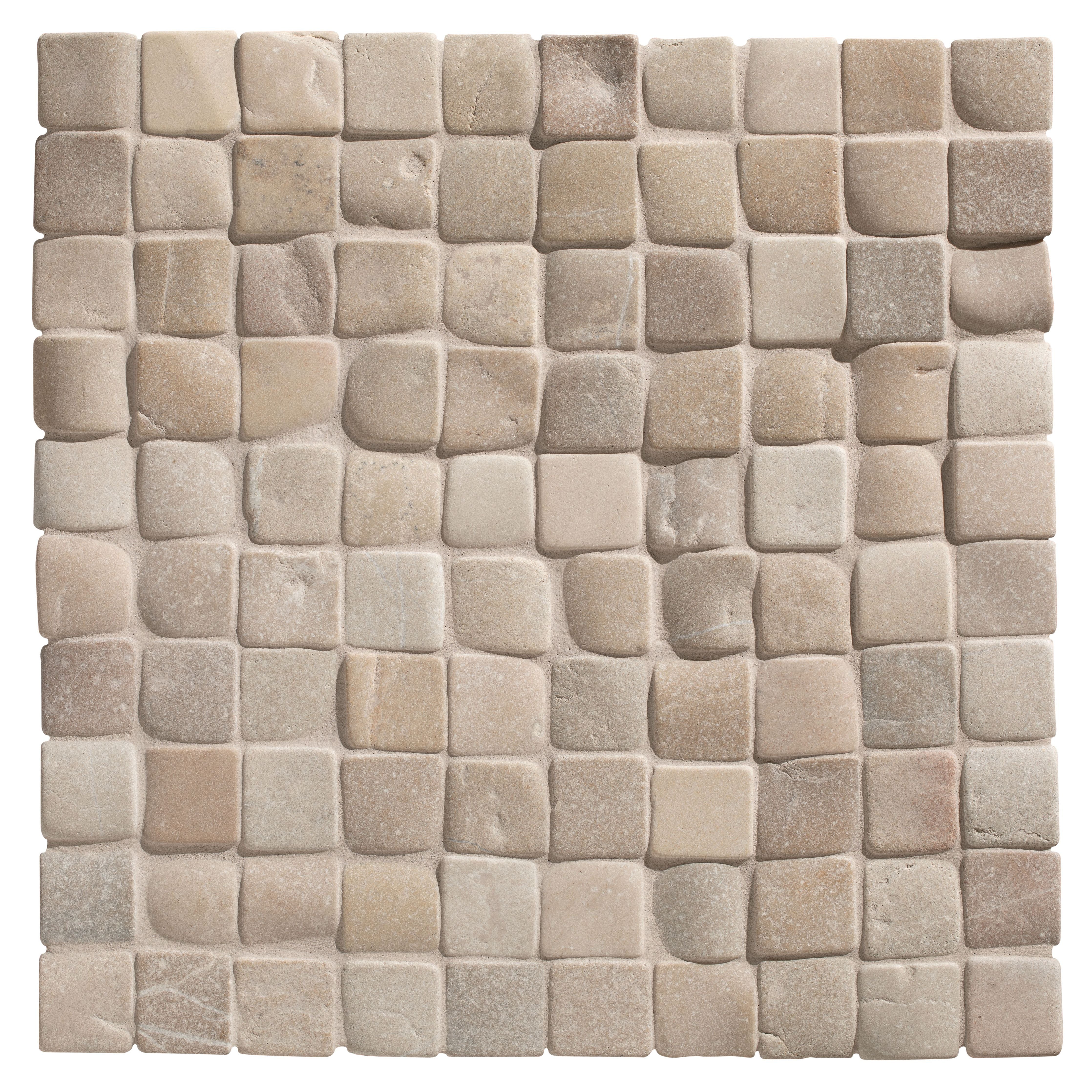 Beige stone mosaic tile with textured irregular square pattern in enso cobble mosaic cube sand design