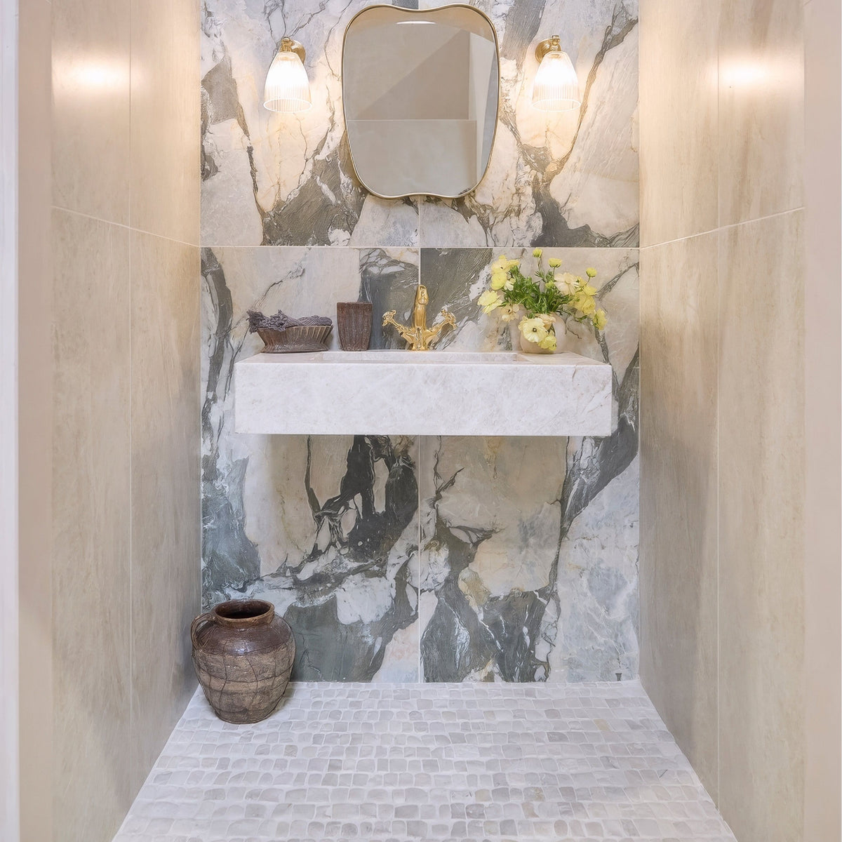 Enso Cobble Mosaic Strip Chalk mosaic tiles in a bathroom setting