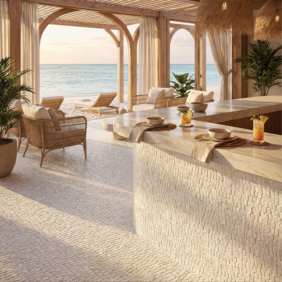 Enso Cobble Mosaic Strip Chalk stone mosaic in a styled setting
