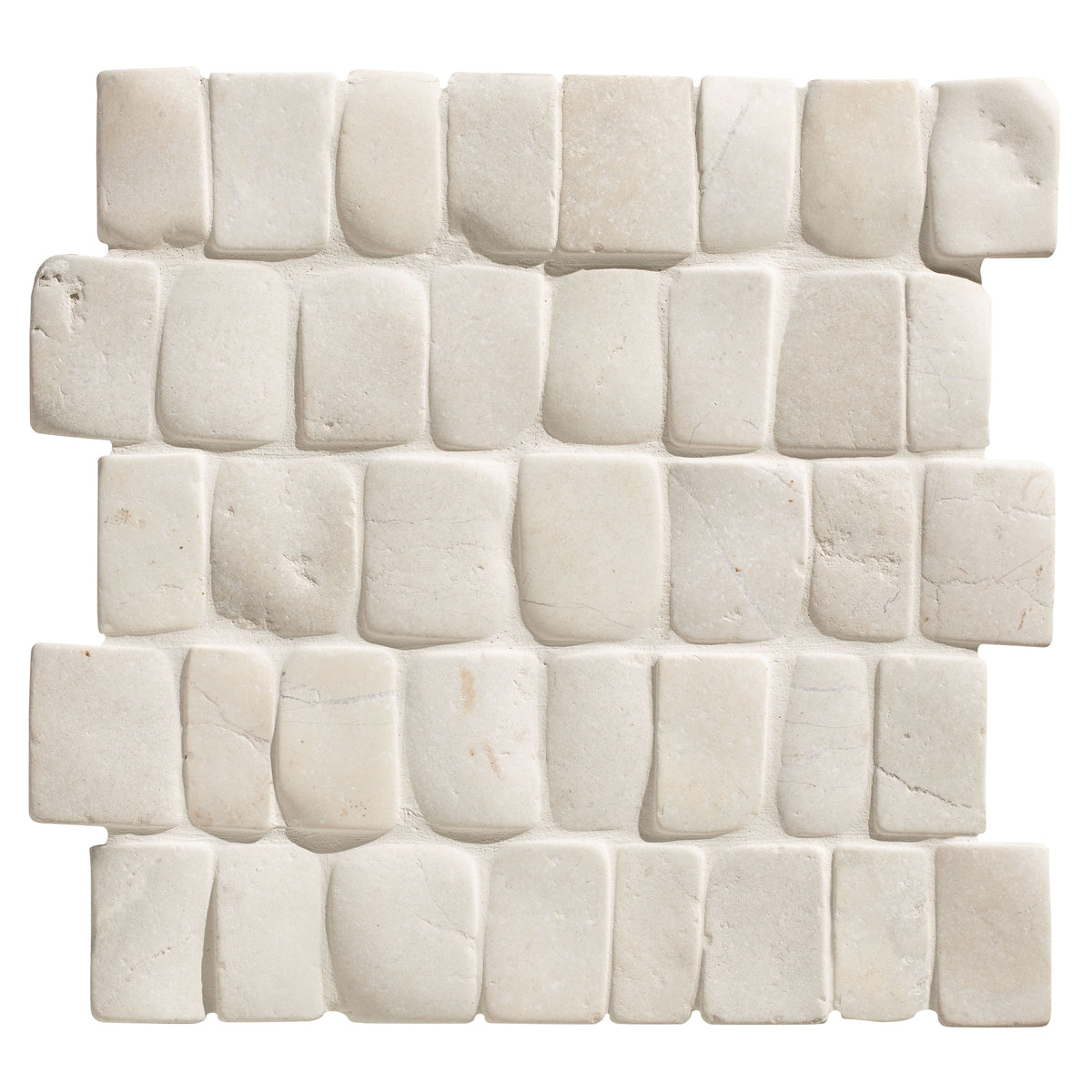 Enso cobble mosaic strip chalk white textured stone tile with irregular rectangular pieces in staggered pattern