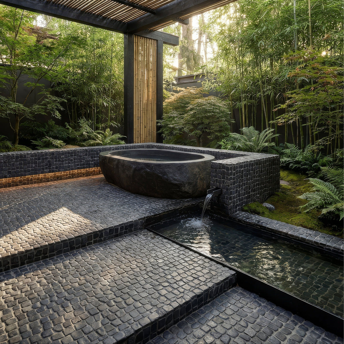 Enso Cobble Mosaic Strip Charcoal charcoal pebble mosaic in a styled setting