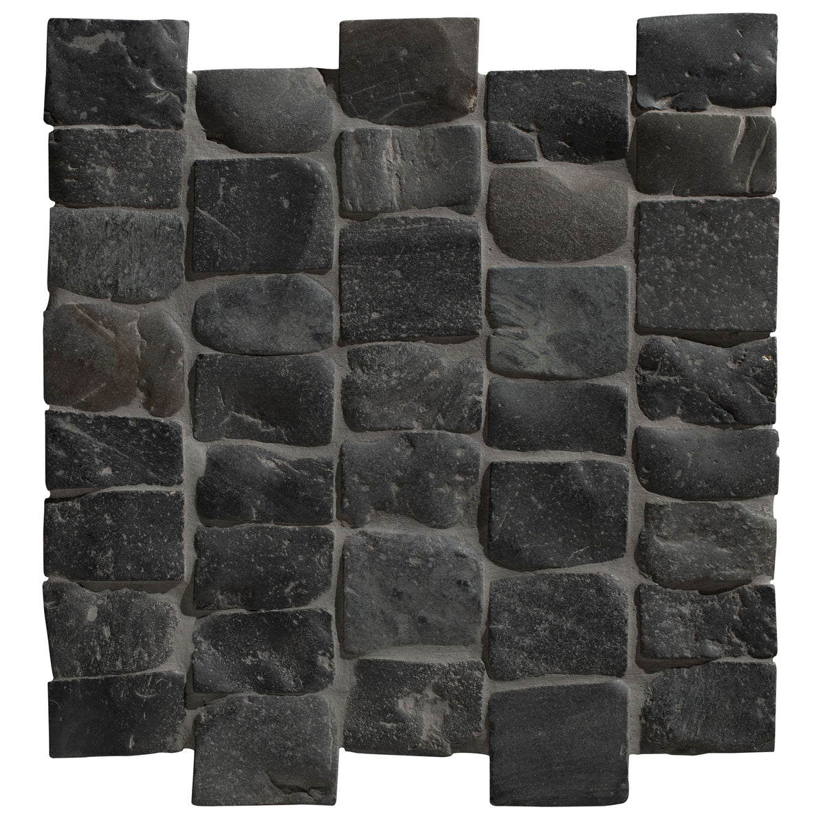 Dark gray enso cobble mosaic strip charcoal stone tile with irregular shapes and natural rustic texture
