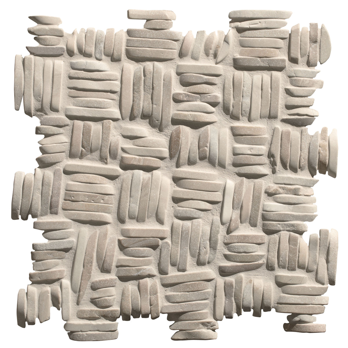 Gray stone enso mosaic organic basketweave tile with textured geometric pattern of stacked rectangular blocks