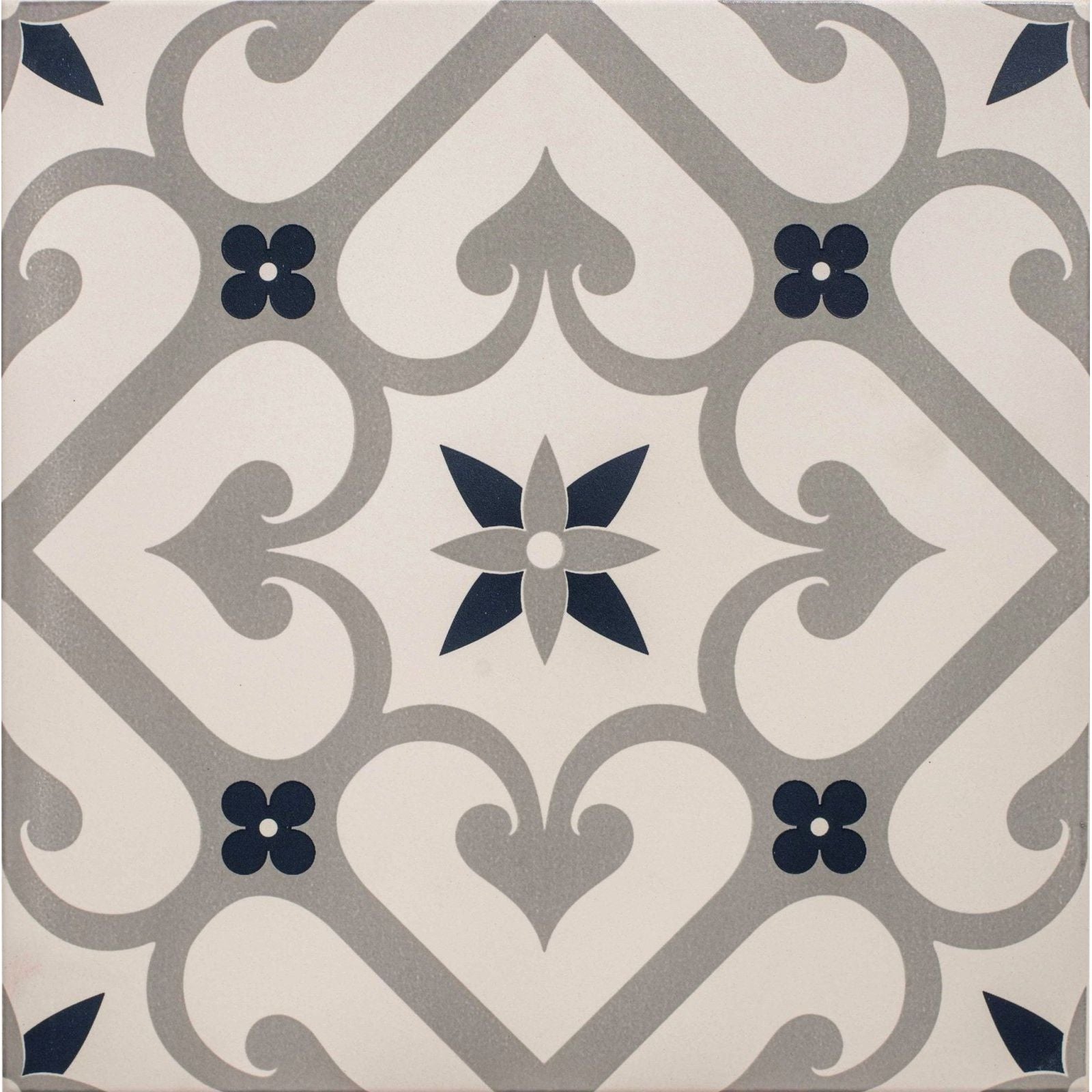 Square ceramic tile epoque dark blue on chalk with vintage-inspired cream gray and navy blue pattern